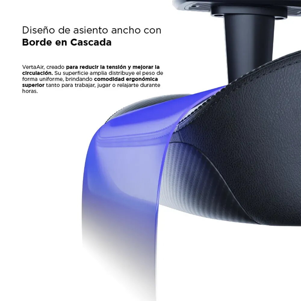 Diseño de asiento ancho con borde en cascada, iluminación azul.