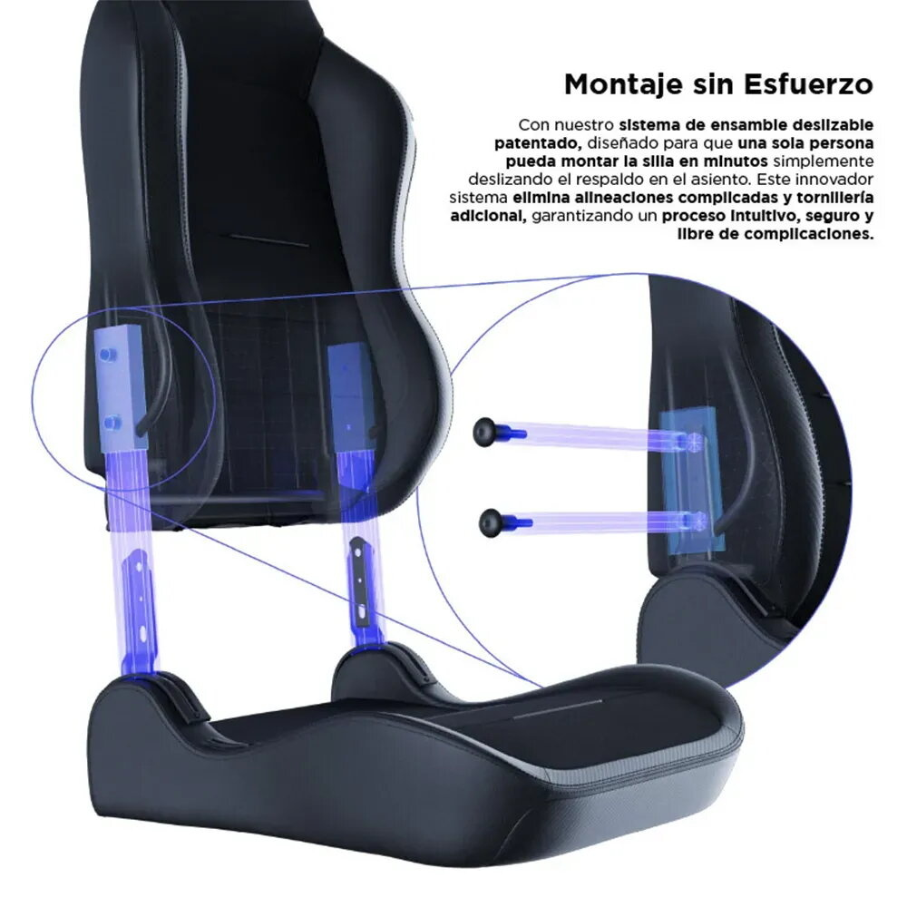 Silla negra con piezas de montaje azules que se muestran conectando.