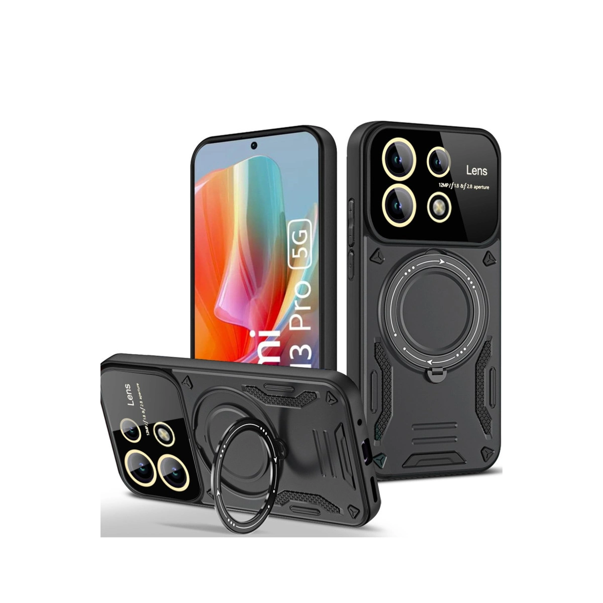 Halka tutuculu ve lensli üç siyah telefon kılıfı.
