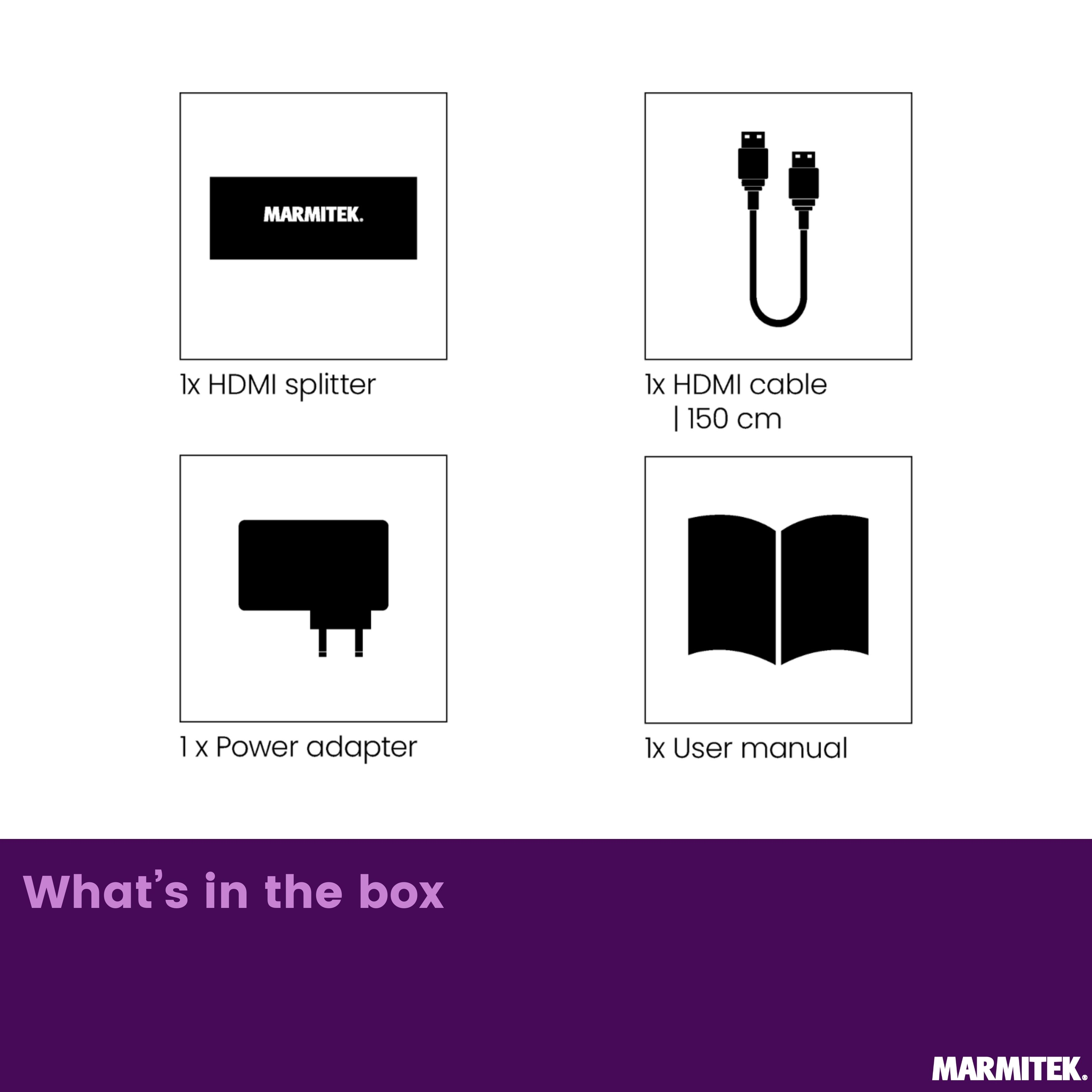 Contenu de la boîte : répartiteur HDMI, câble HDMI, adaptateur secteur, manuel.