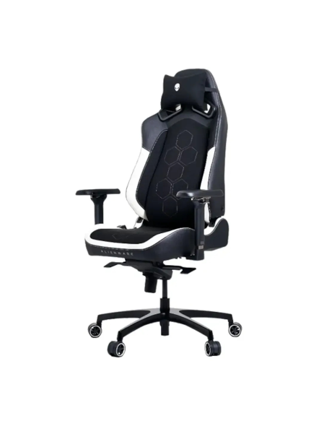 Una silla gamer negra y blanca con logo de Alienware y patrón de panal.