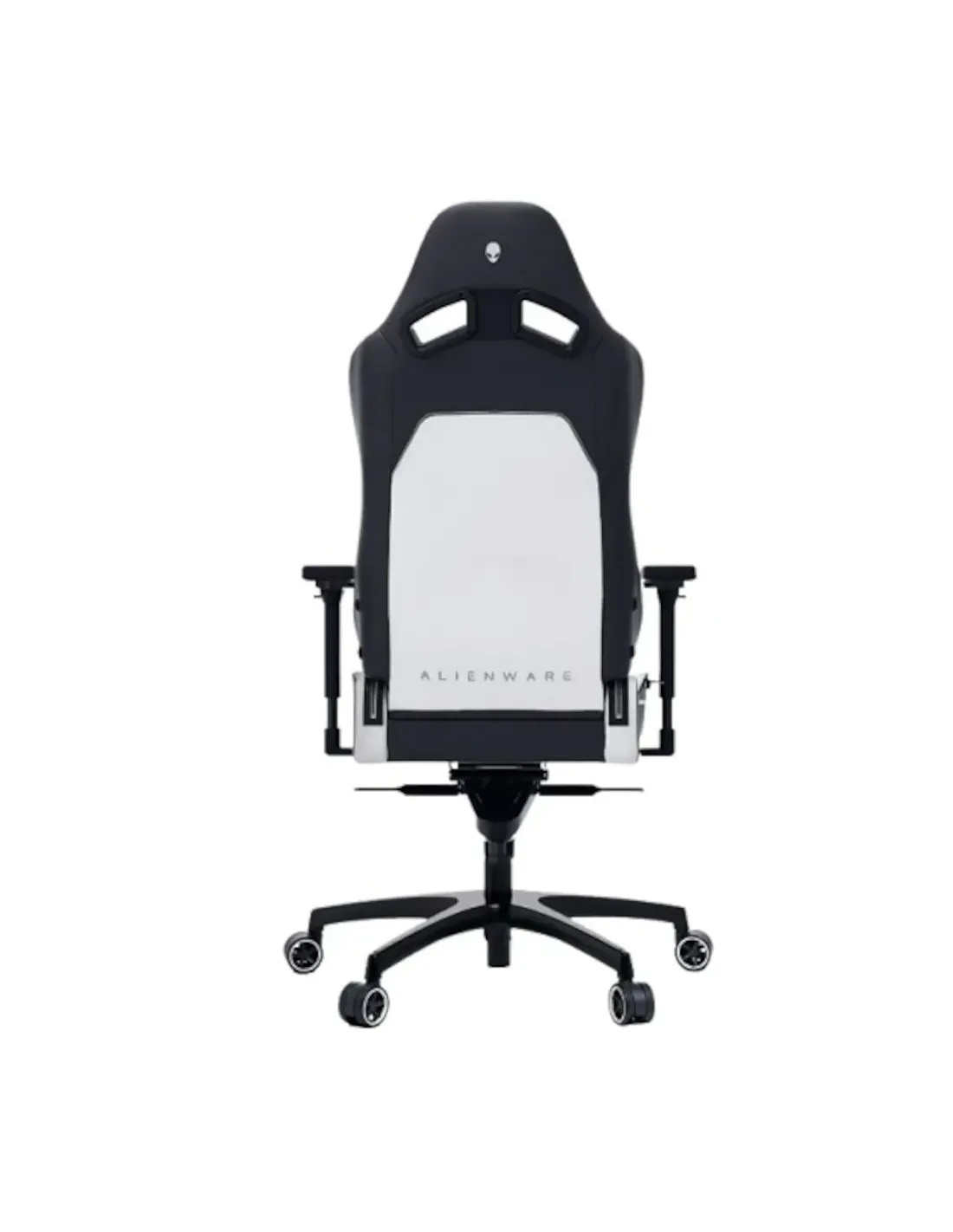 Silla gamer Alienware blanca y negra, vista trasera, con ruedas.