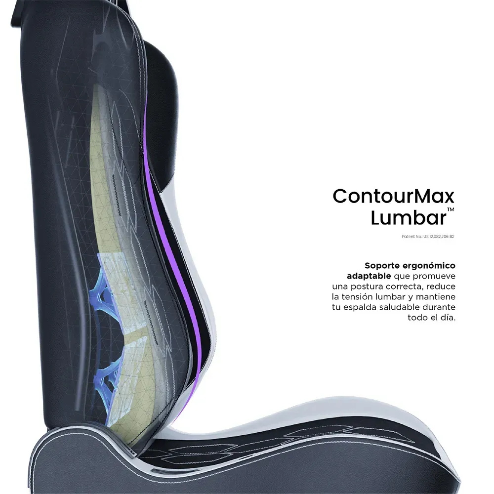 Primer plano del soporte lumbar de una silla, mostrando capas y elementos internos azules.