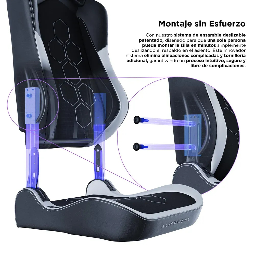 Silla gaming con sistema de montaje deslizante. Partes azules iluminadas muestran el mecanismo.