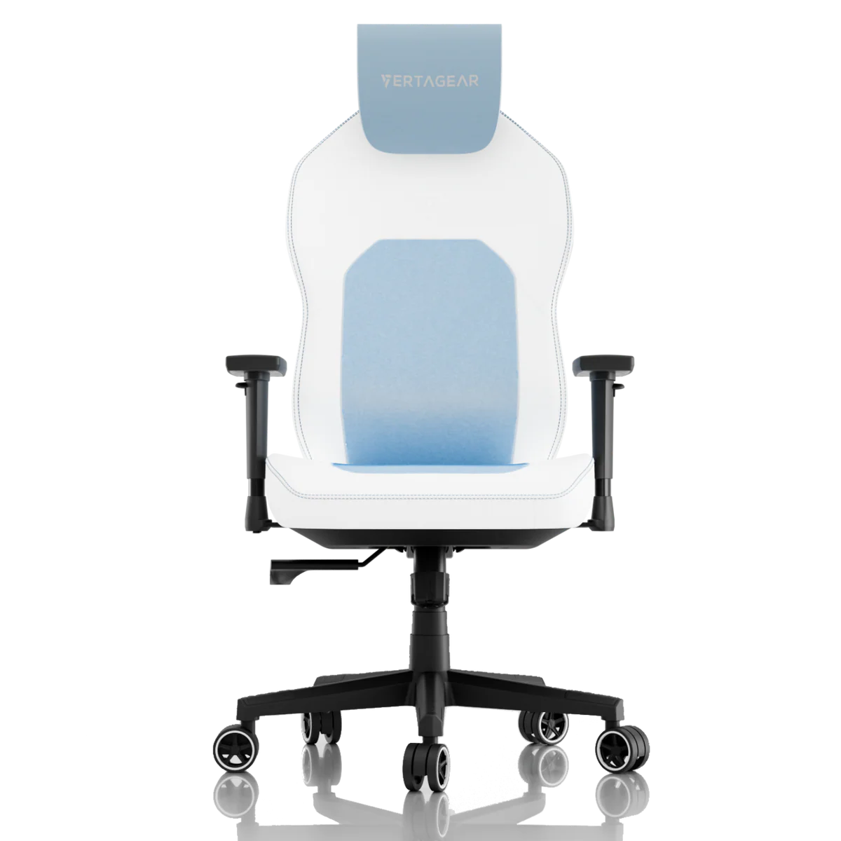 Una silla gamer blanca con detalles azules y reposacabezas.