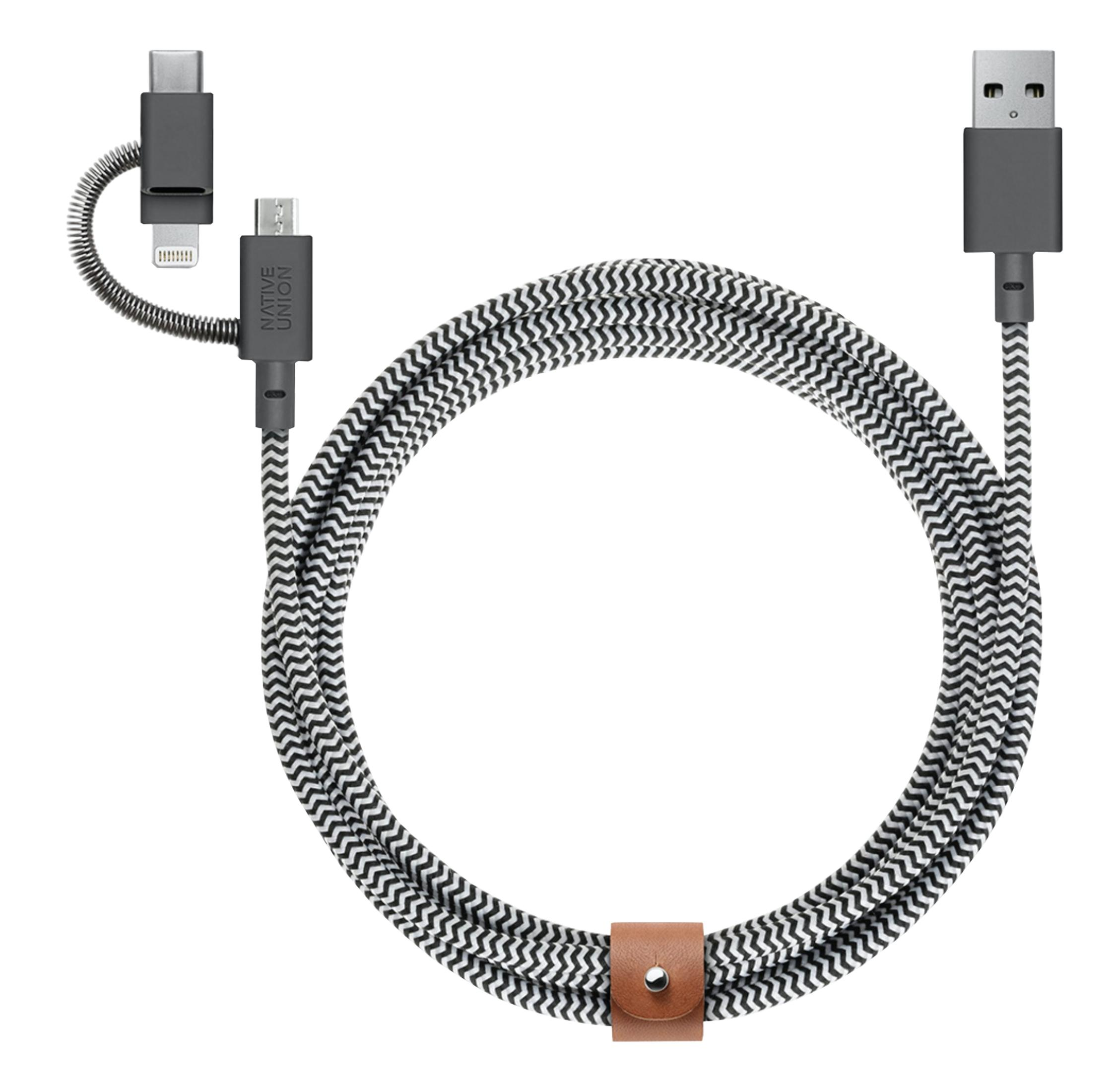 Un cavo di ricarica a zigzag bianco e nero con connettori USB-A, Lightning e USB-C.