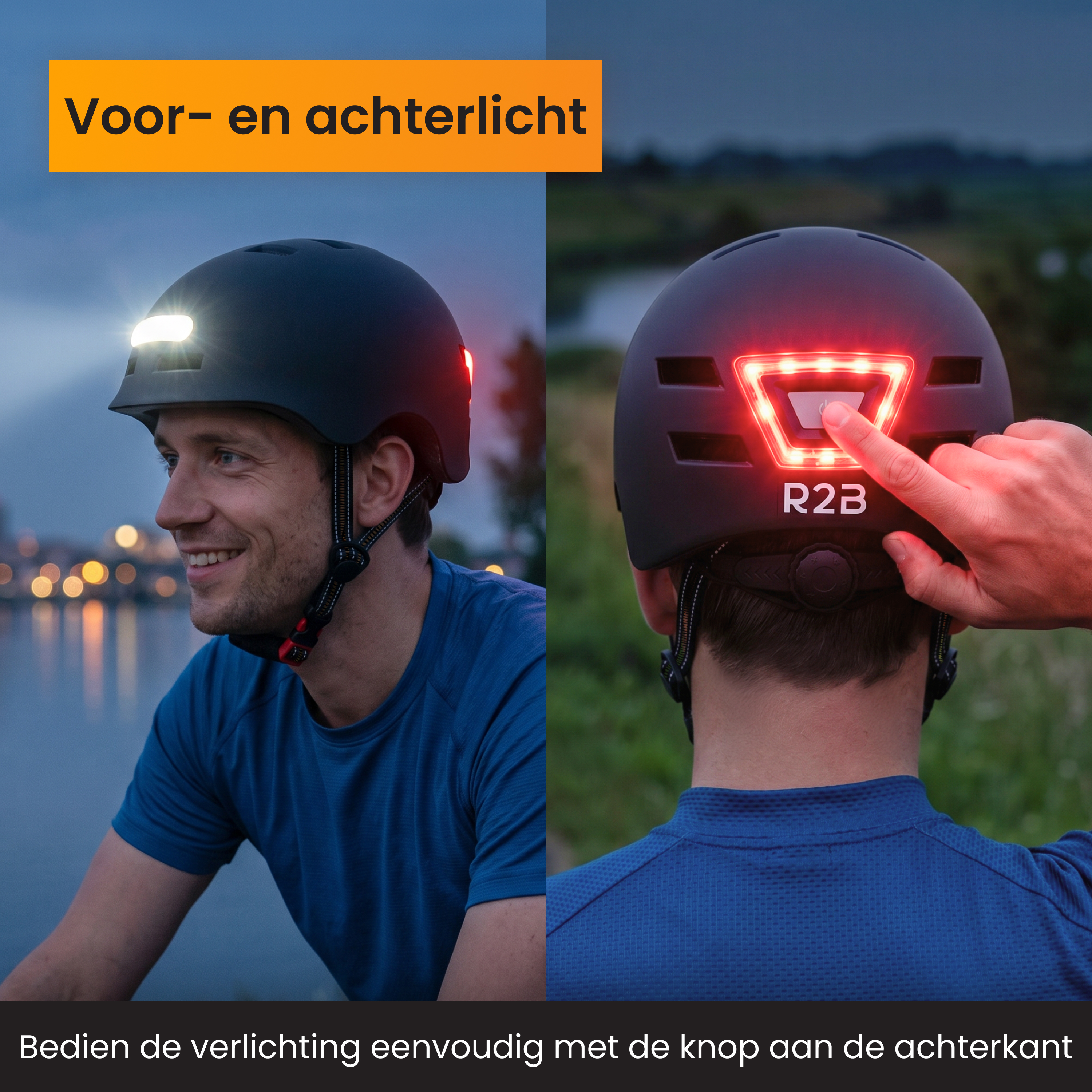 Fahrradhelm mit weißem Front- und rotem Rücklicht. Eine Hand bedient das Rücklicht.