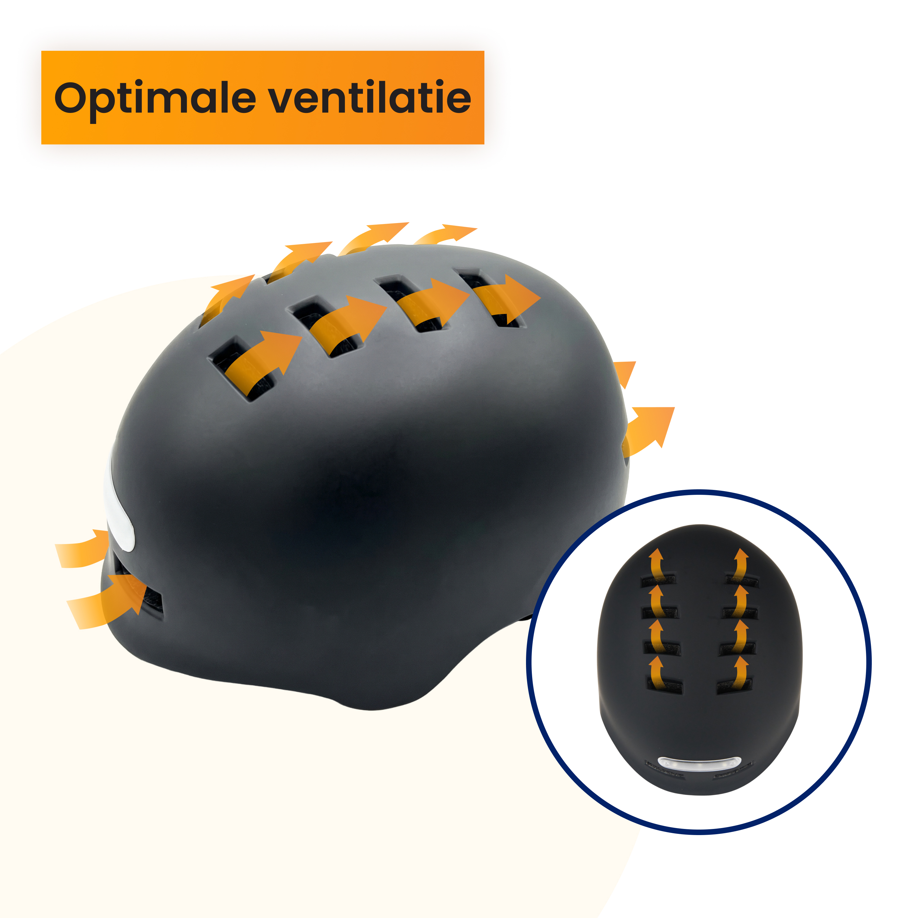 Schwarzer Helm mit orangefarbenen Pfeilen, die Luftstrom anzeigen.