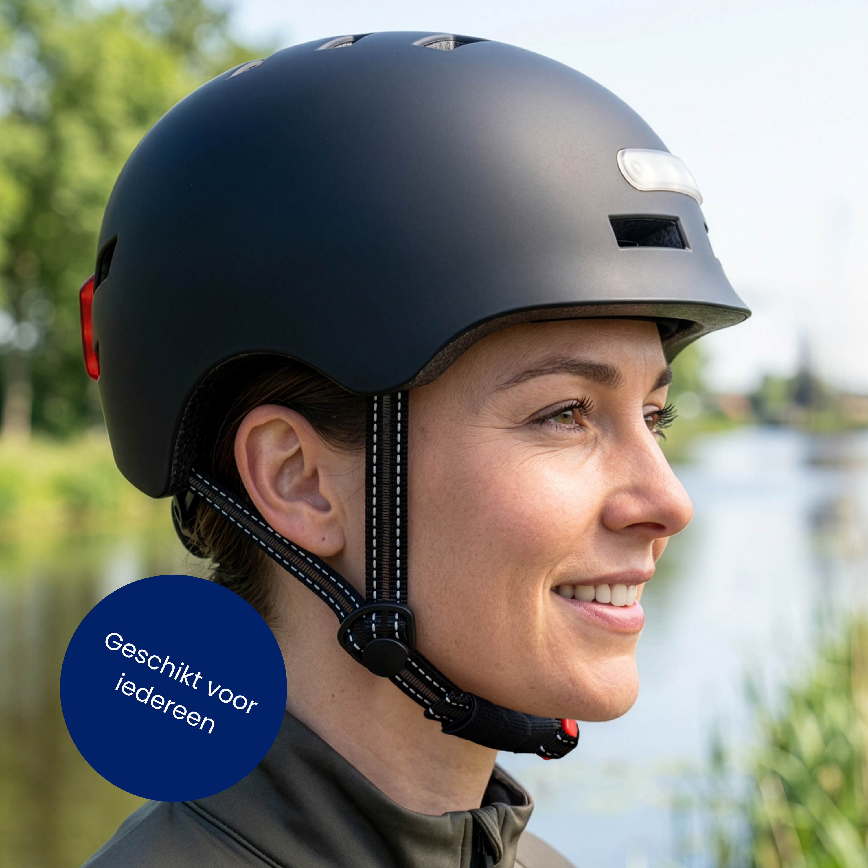 Frau mit schwarzem Helm mit Front- und Rücklicht, im Freien am Wasser.