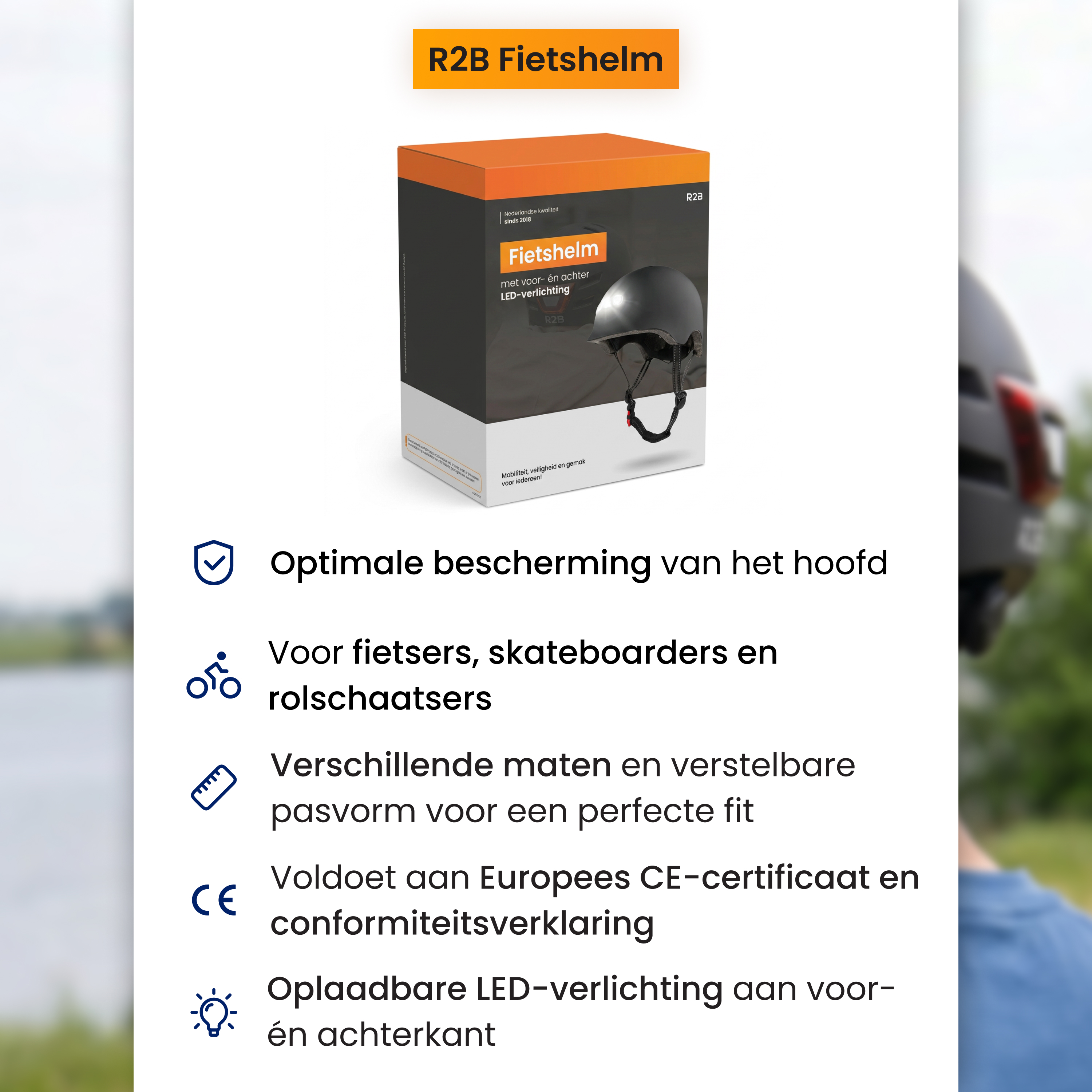 R2B Fahrradhelm mit Lade-LEDs vorne und hinten. Optimaler Kopfschutz.