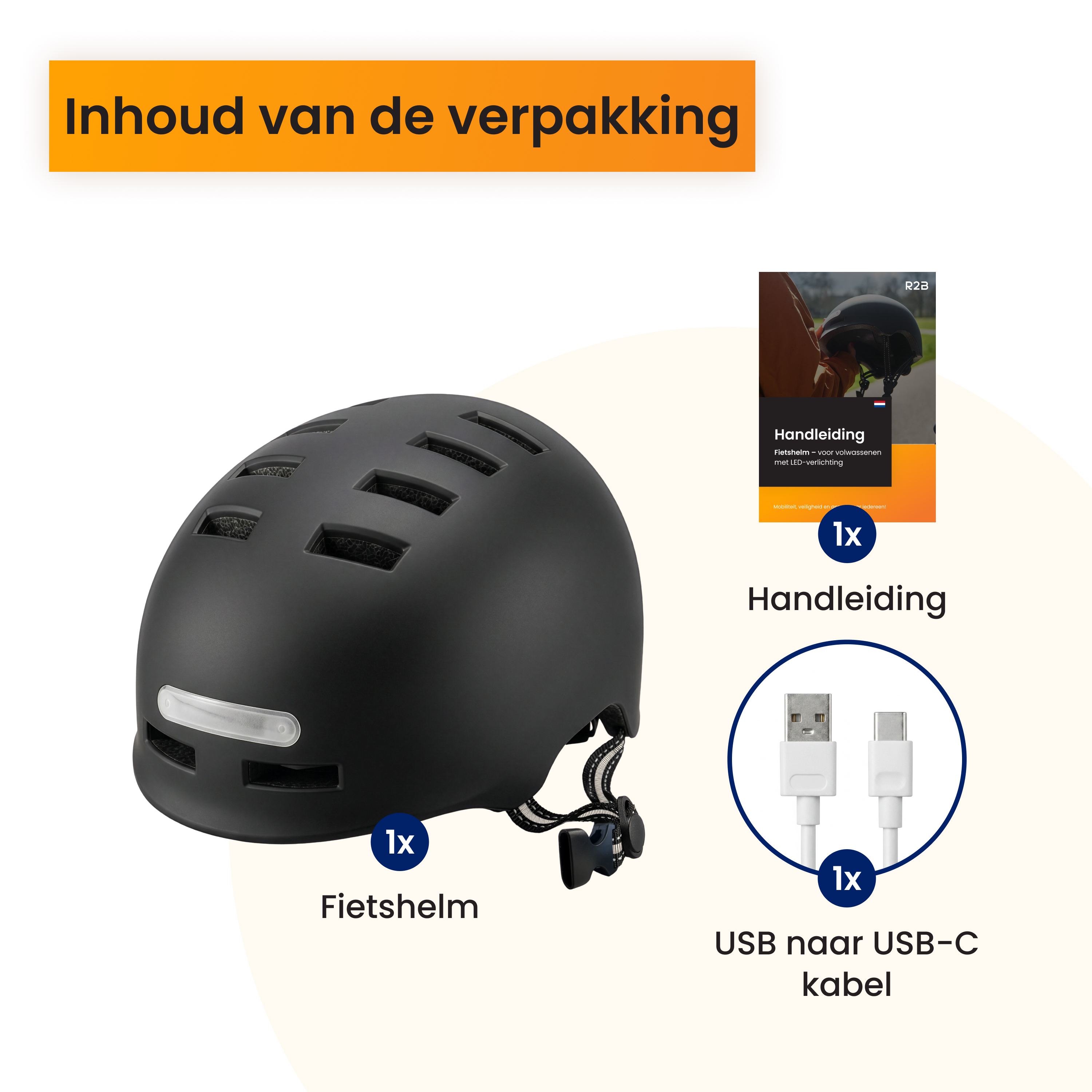 Schwarzer Helm mit LED, Handbuch und USB-C-Kabel. Verpackungsinhalt.