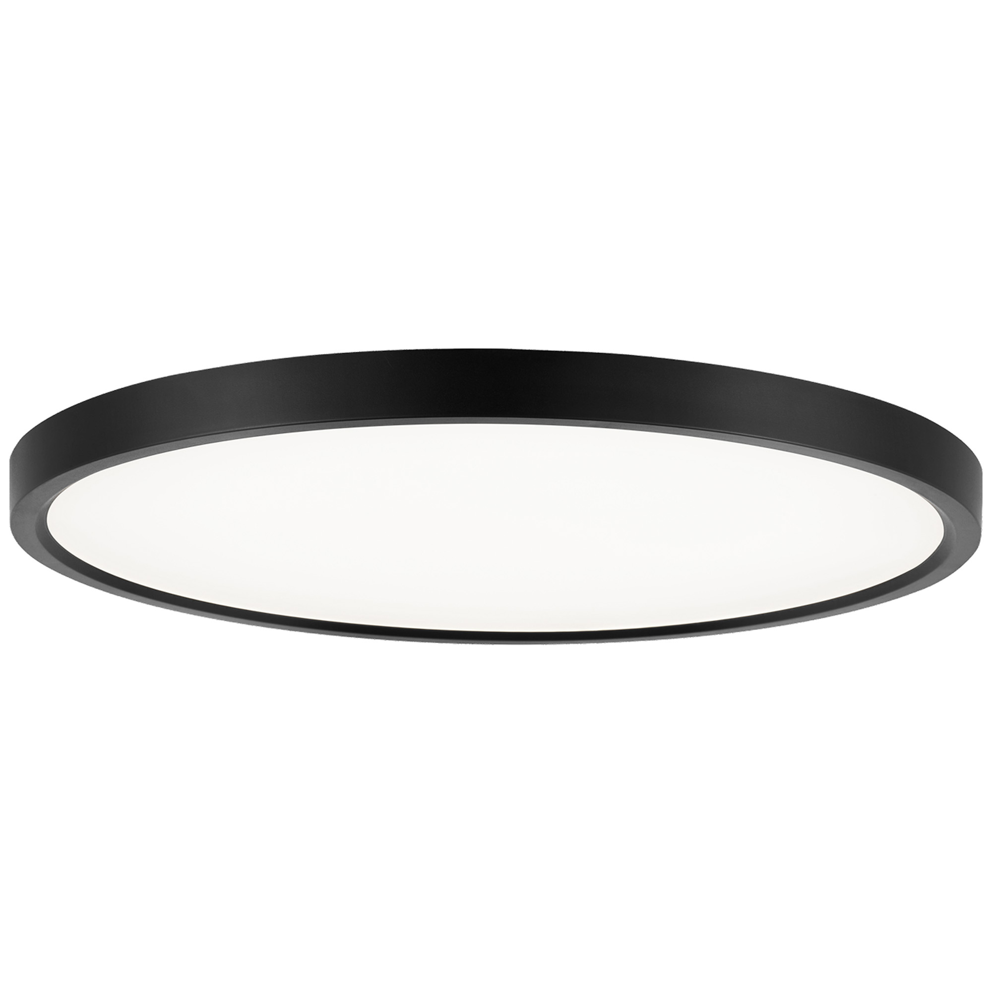 Płaska, okrągła czarna lampa sufitowa z białym dyfuzorem.