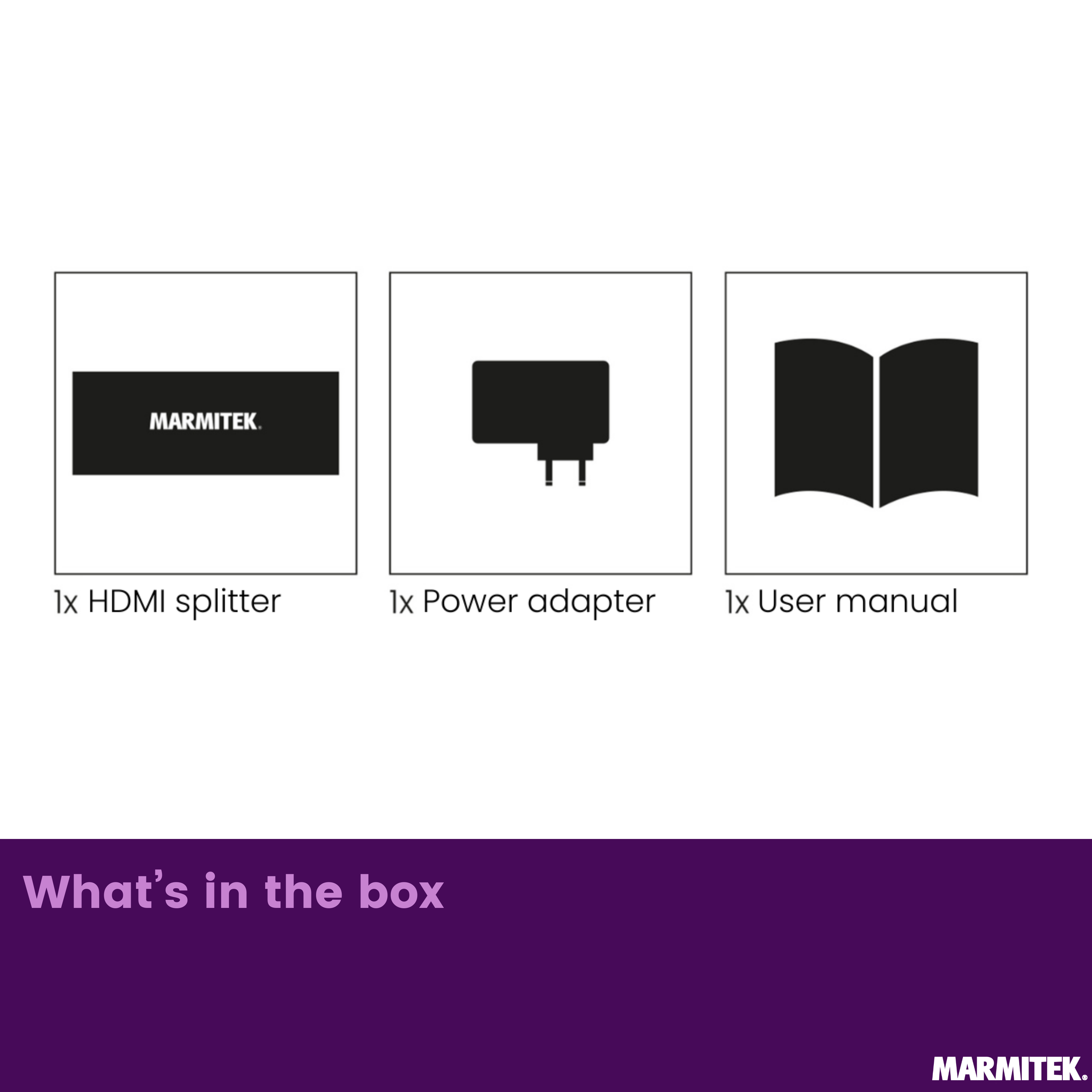 Box contents: HDMI splitter, power adapter, and user manual.