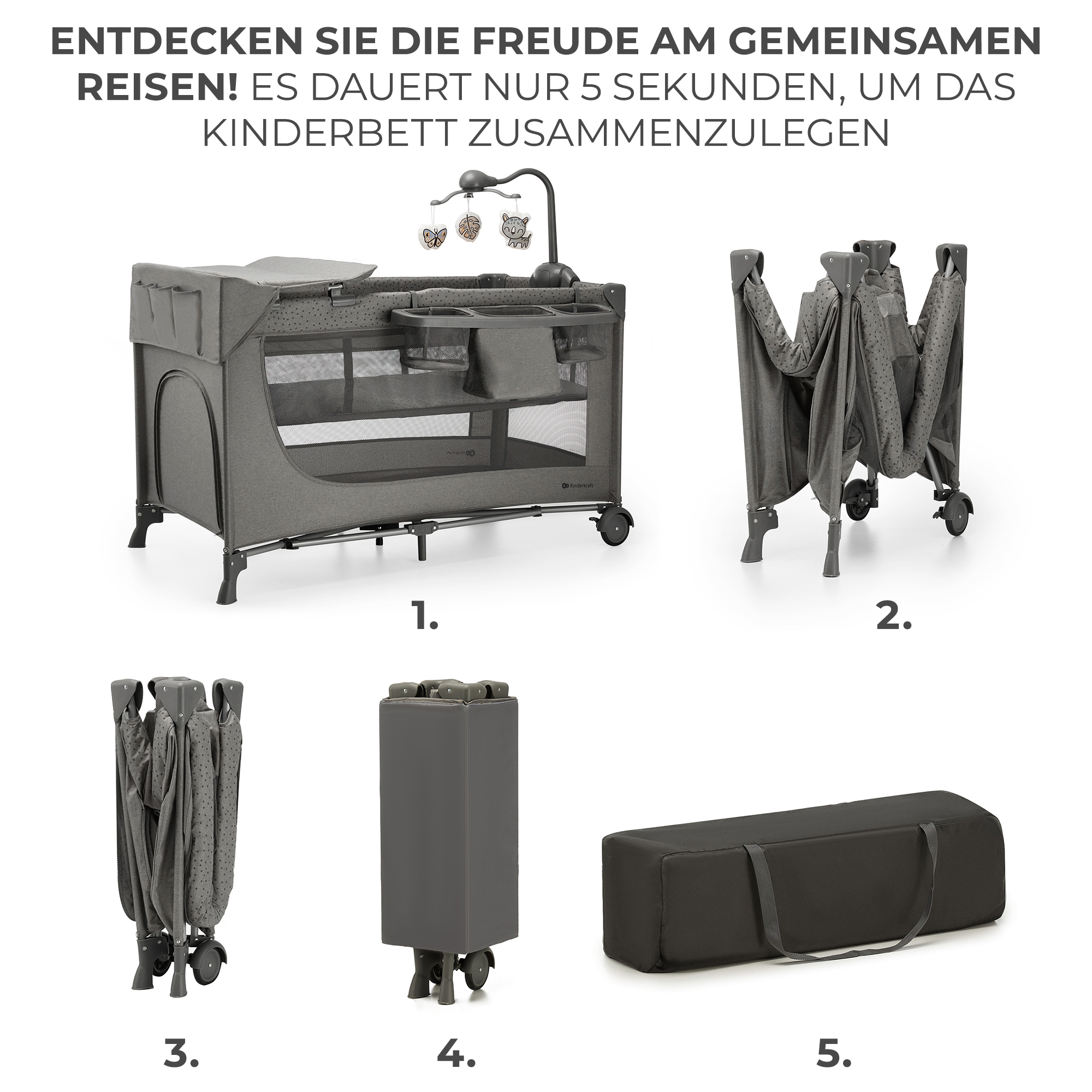 Ein graues Kinderbett, zusammengeklappt, in Einzelteilen und in einer Tasche.