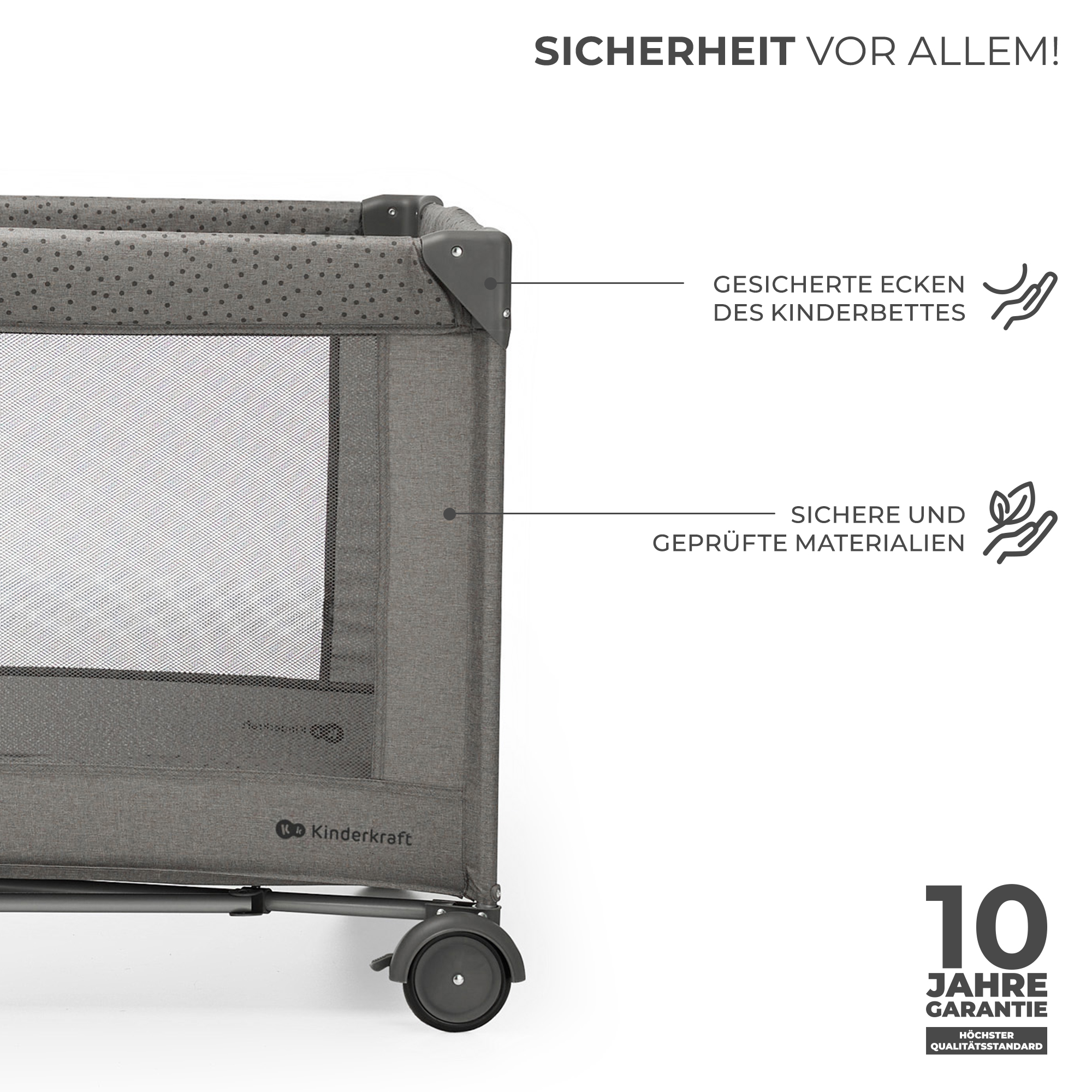 Graues Kinderbett mit Netzfenster, sicheren Ecken und 10 Jahre Garantie.