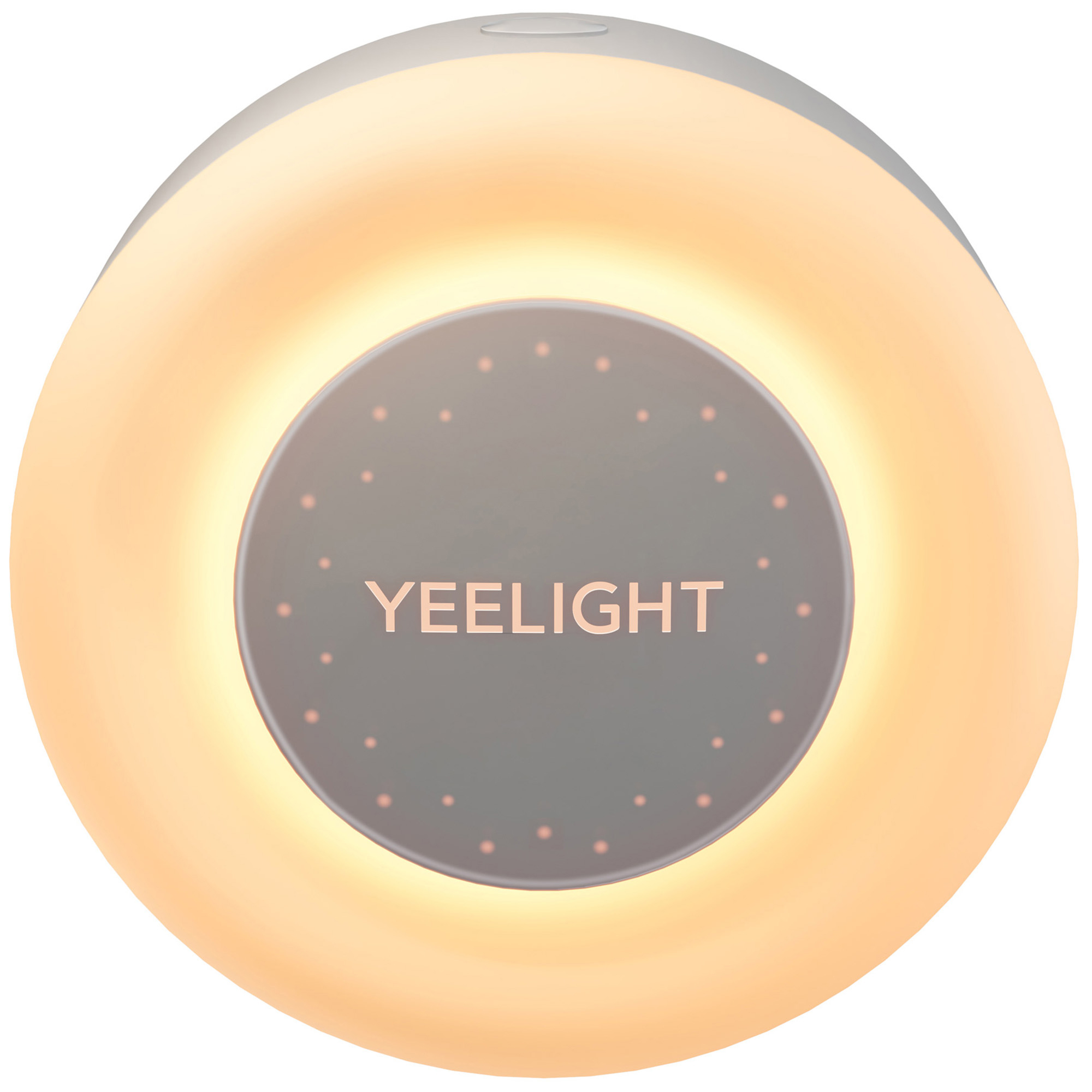 Okrągła lampa z ciepłym światłem i szarym środkiem z napisem "YEELIGHT".