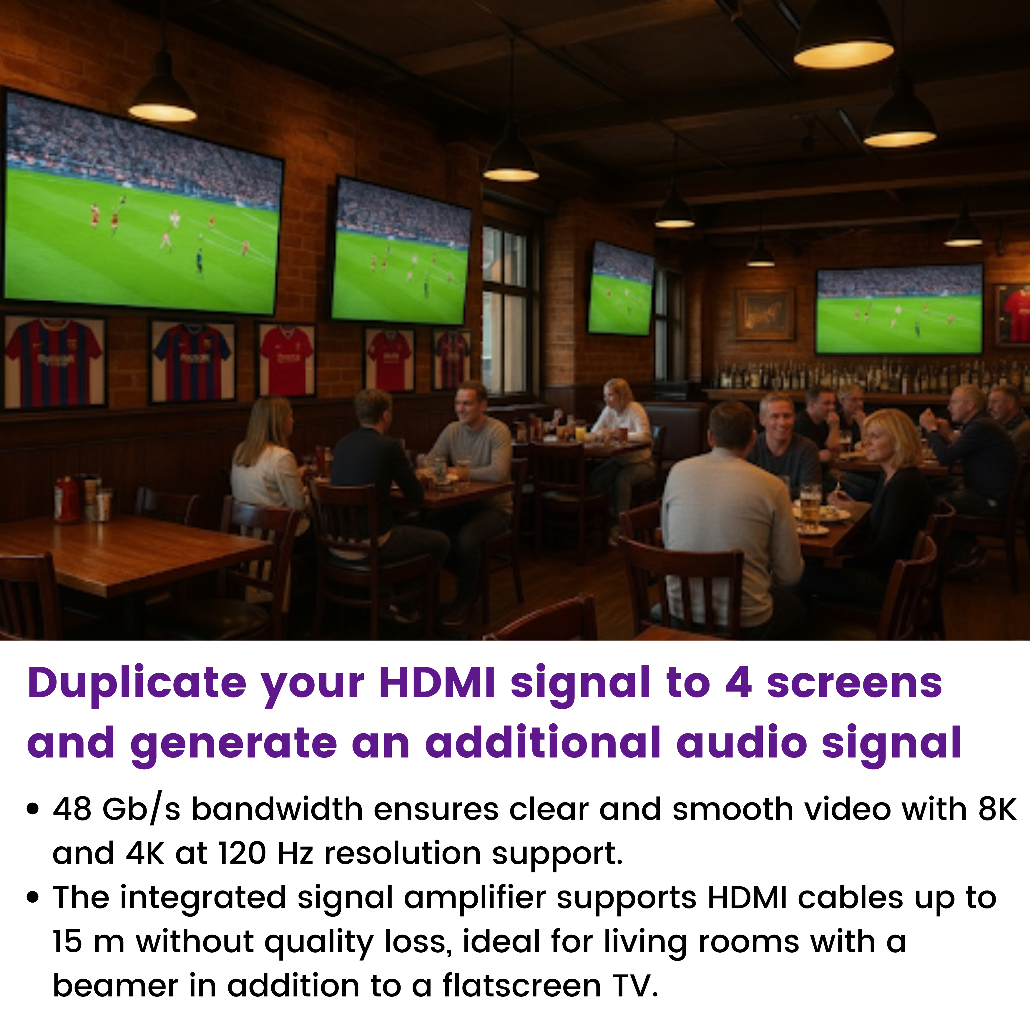 Des gens dans un bar regardent du football sur plusieurs écrans, avec des maillots au mur.