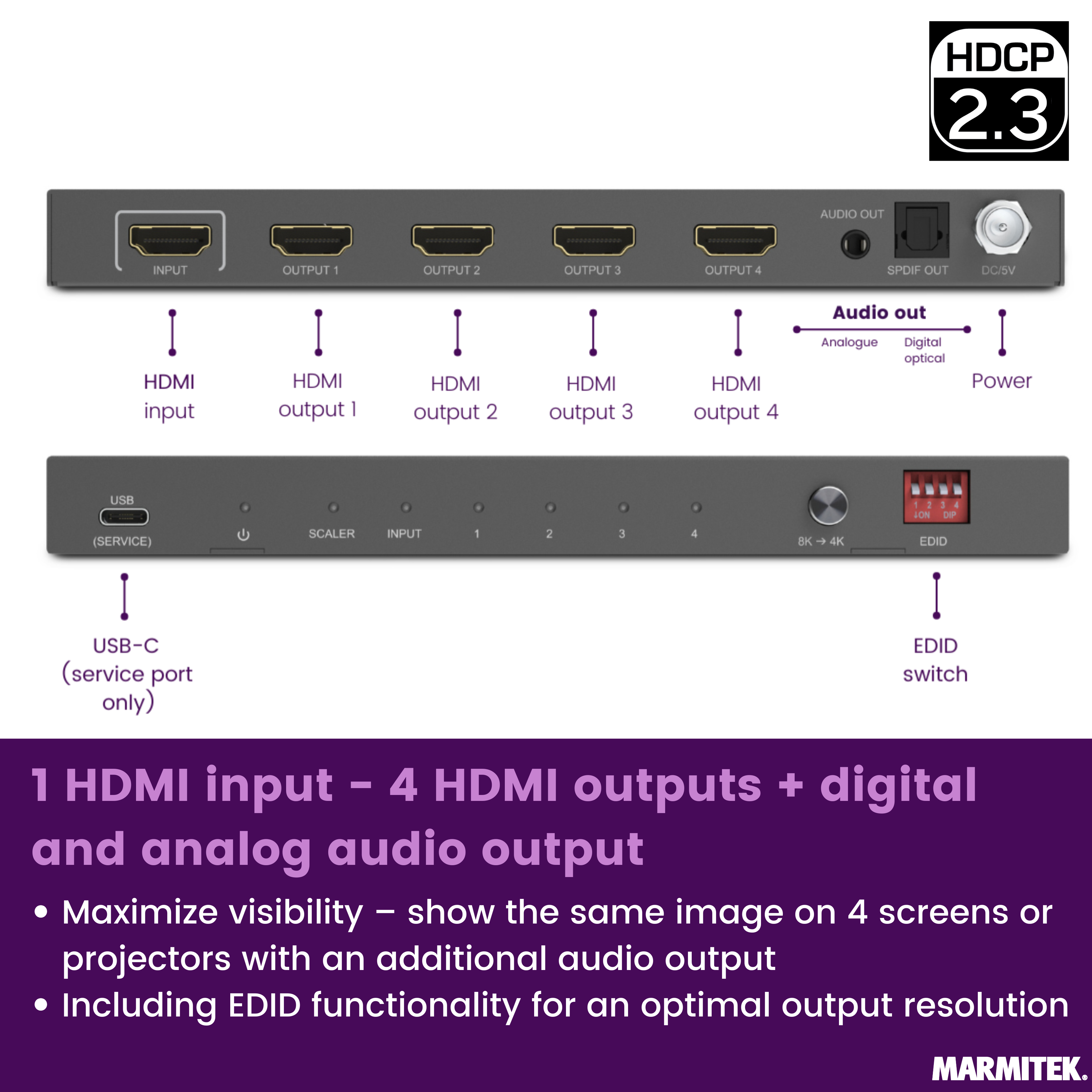 Un répartiteur HDMI avec 1 entrée, 4 sorties, sorties audio et HDCP 2.3.