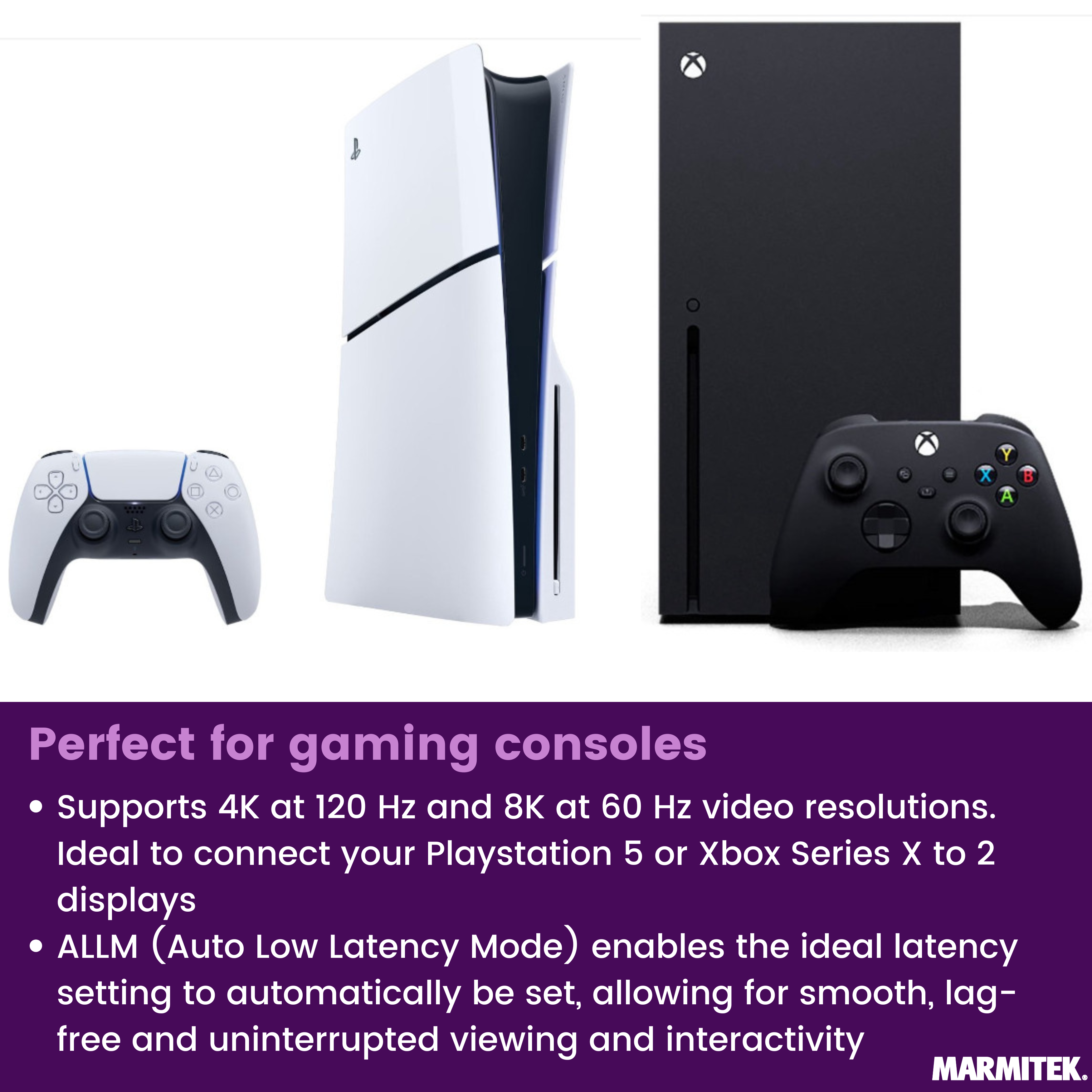 Consoles de jeux blanches et noires avec manettes. Prend en charge 4K/8K.