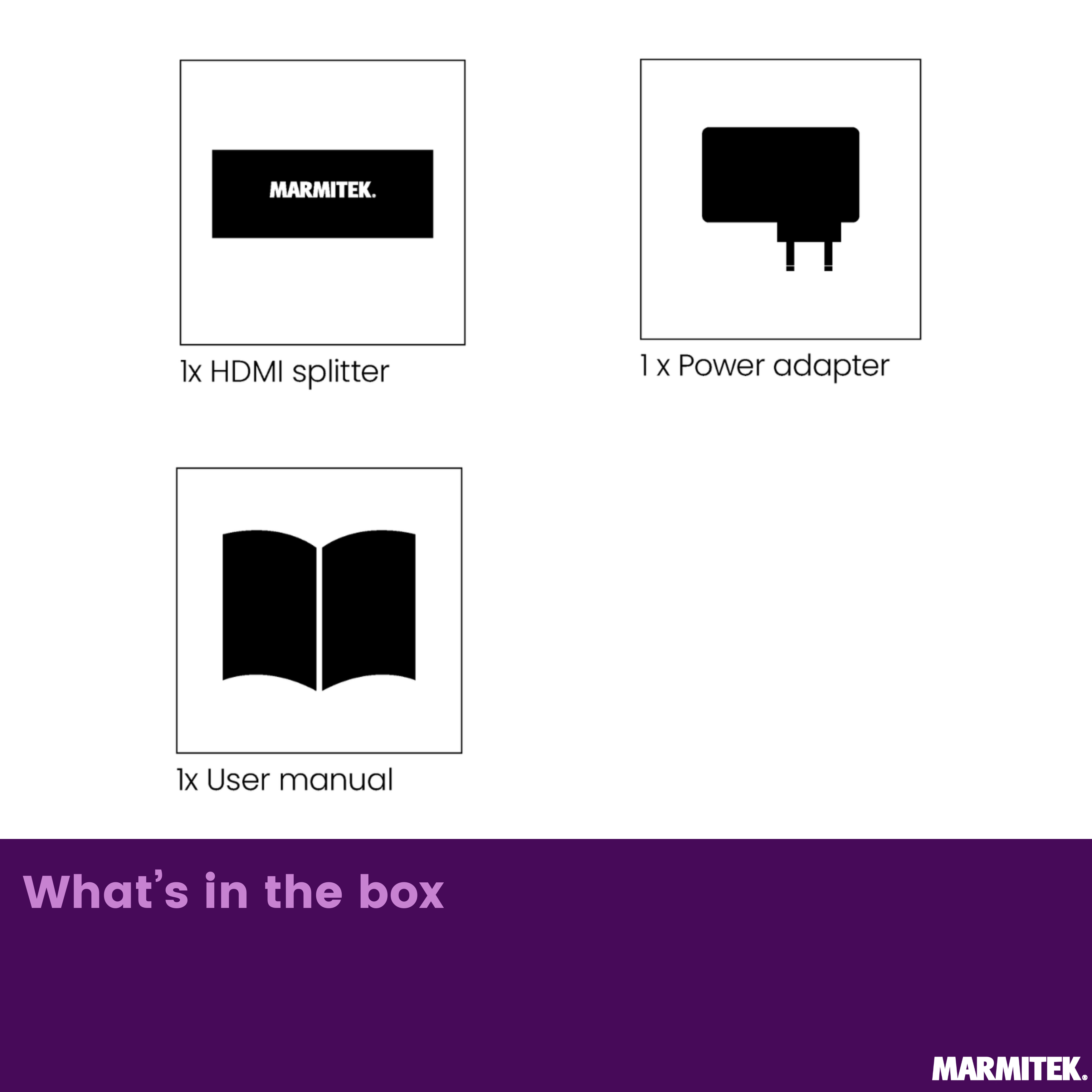 Contenu de la boîte : répartiteur HDMI, adaptateur secteur, manuel d'utilisation.