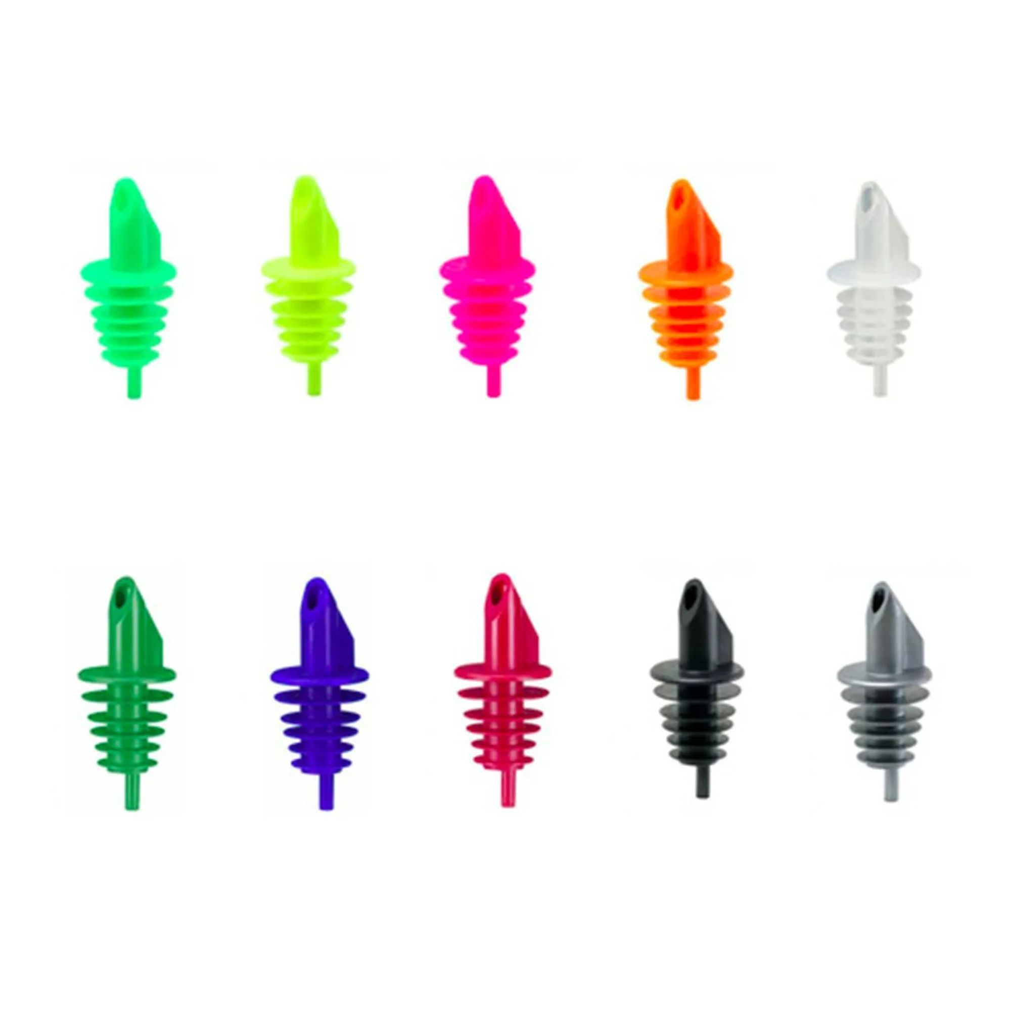 Dieci versatori colorati per bottiglie, due file su sfondo bianco.
