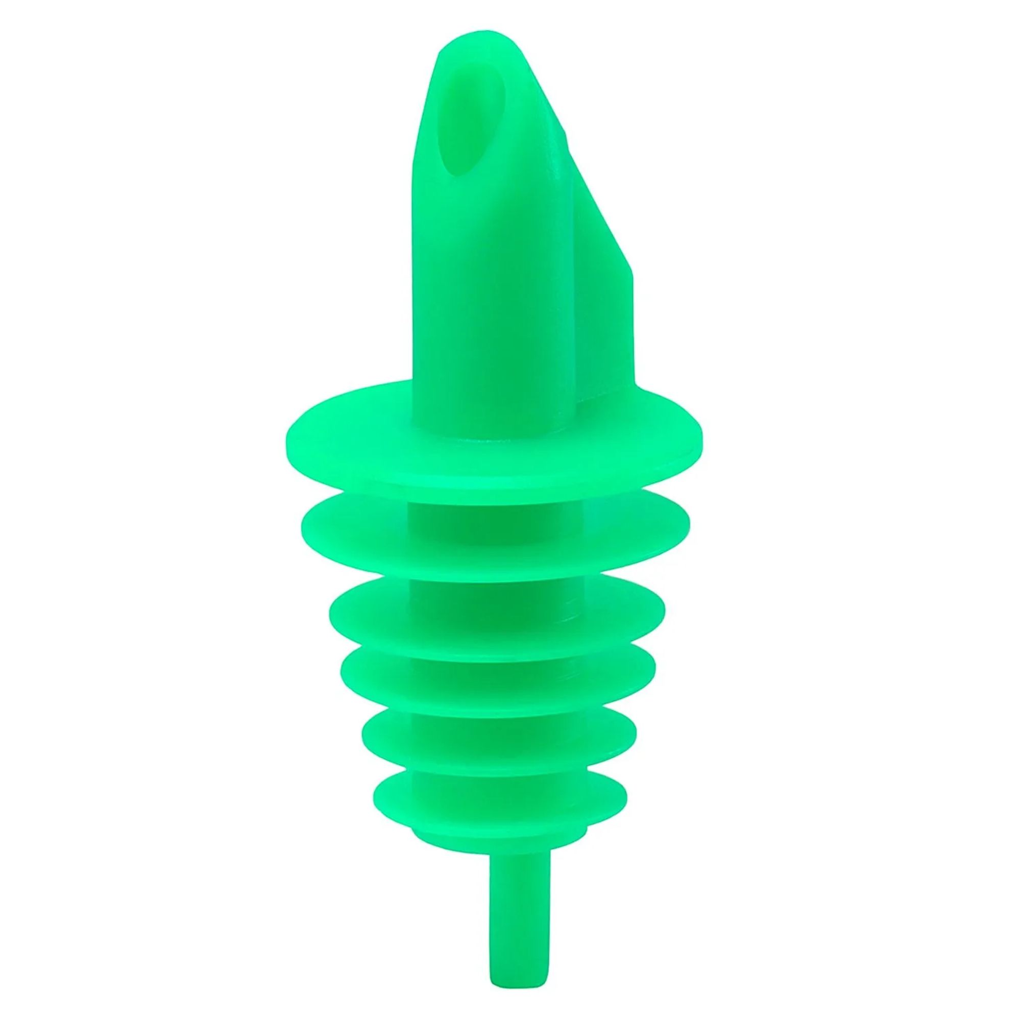 Un versatore verde con scanalature e beccuccio obliquo.