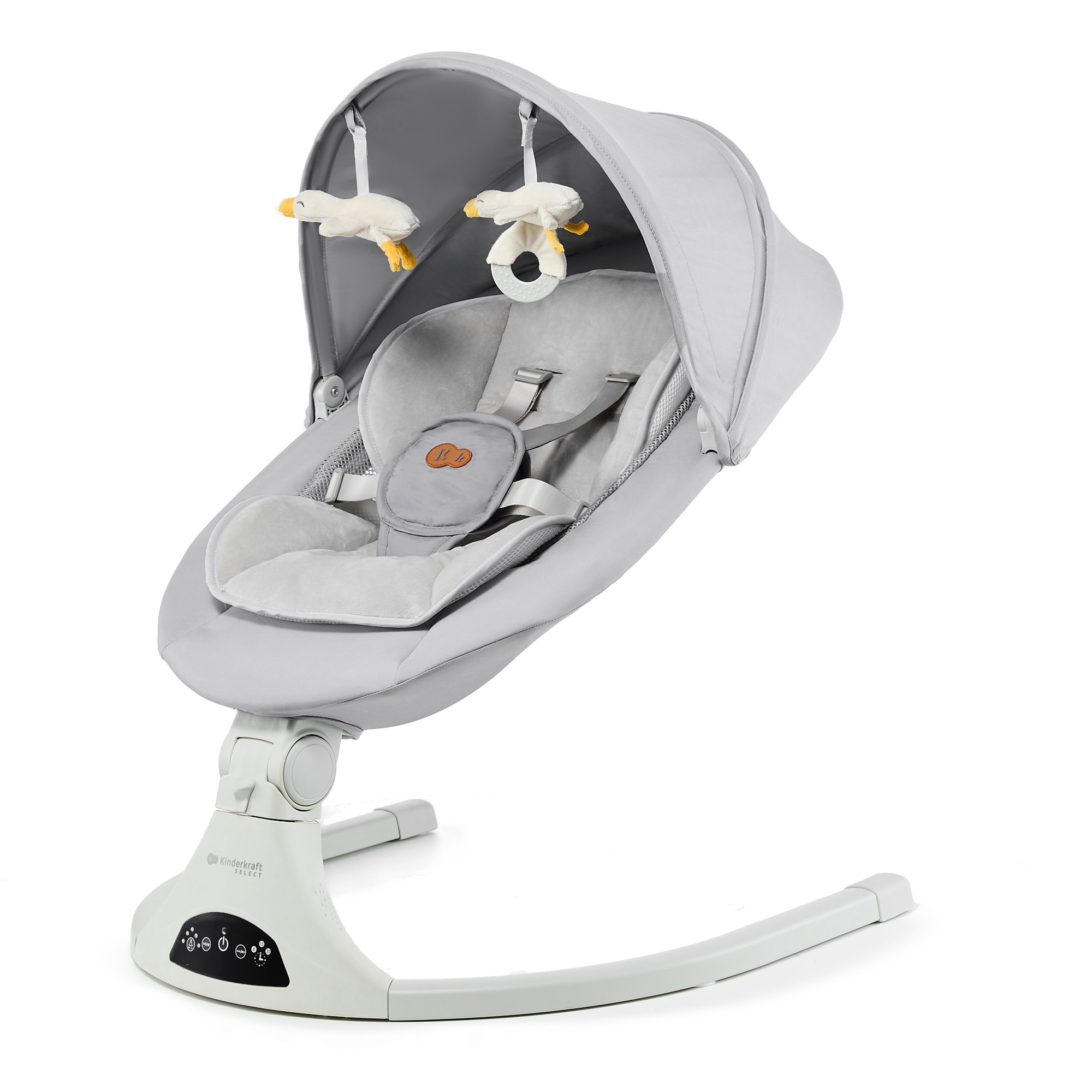 Grauer Babywippen-Schaukelstuhl mit Spielzeug und Verdeck, auf weißem Hintergrund.