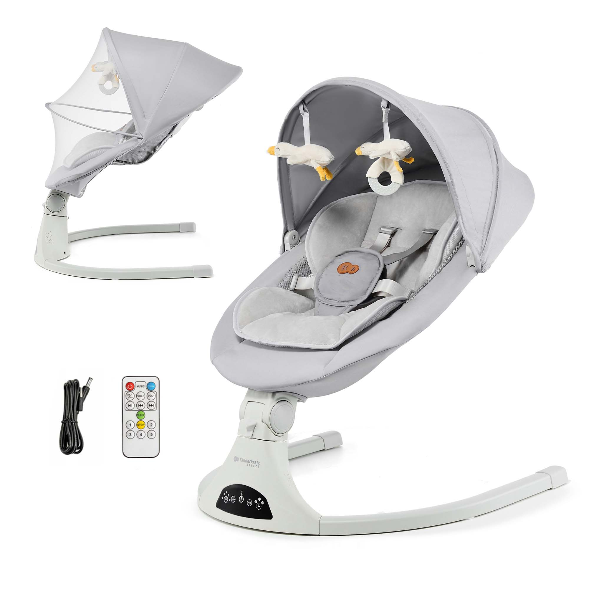Ein grauer Babywippen-Schaukelstuhl mit Spielzeug und Fernbedienung.