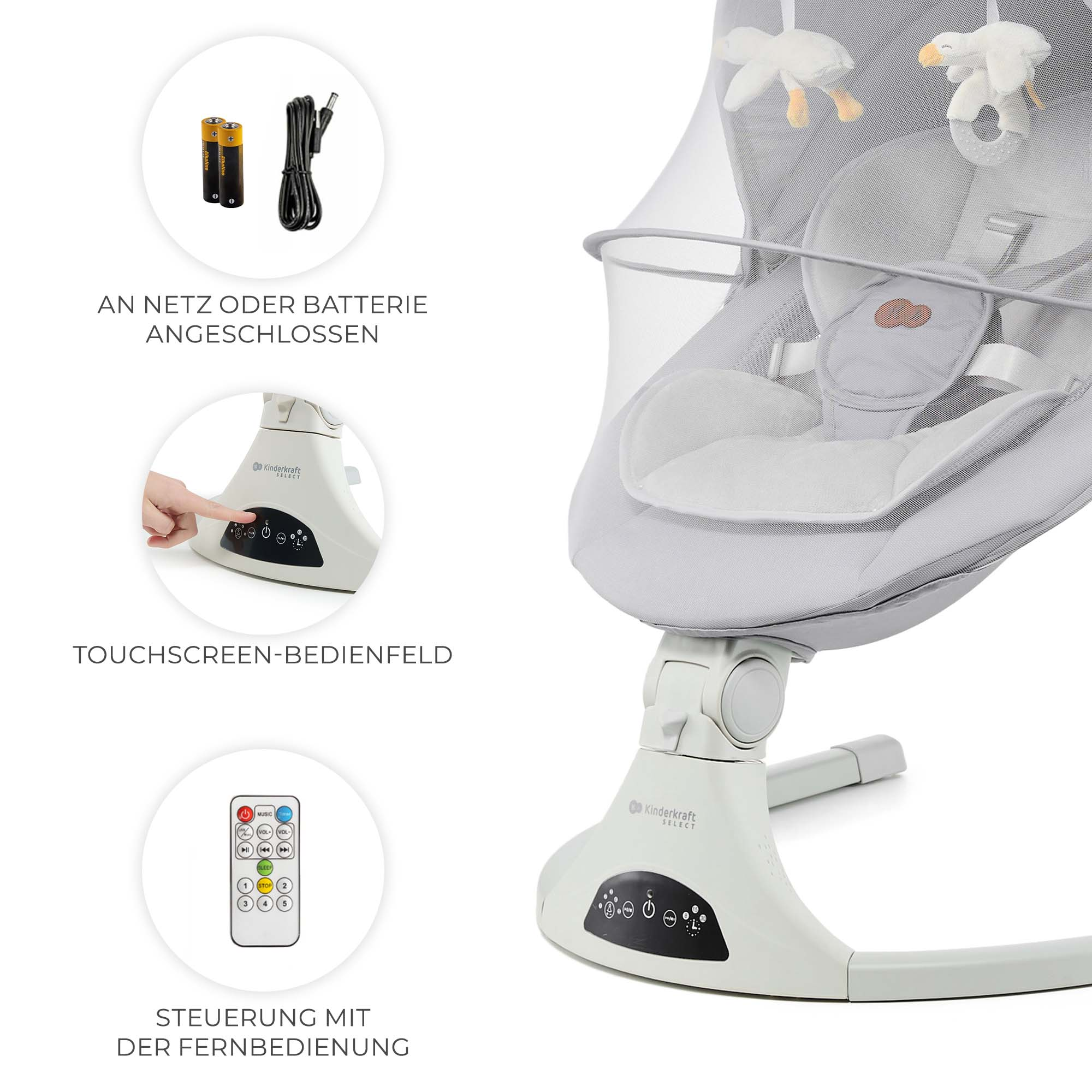 Babywippe mit Netzteil, Batterien, Touchscreen und Fernbedienung.