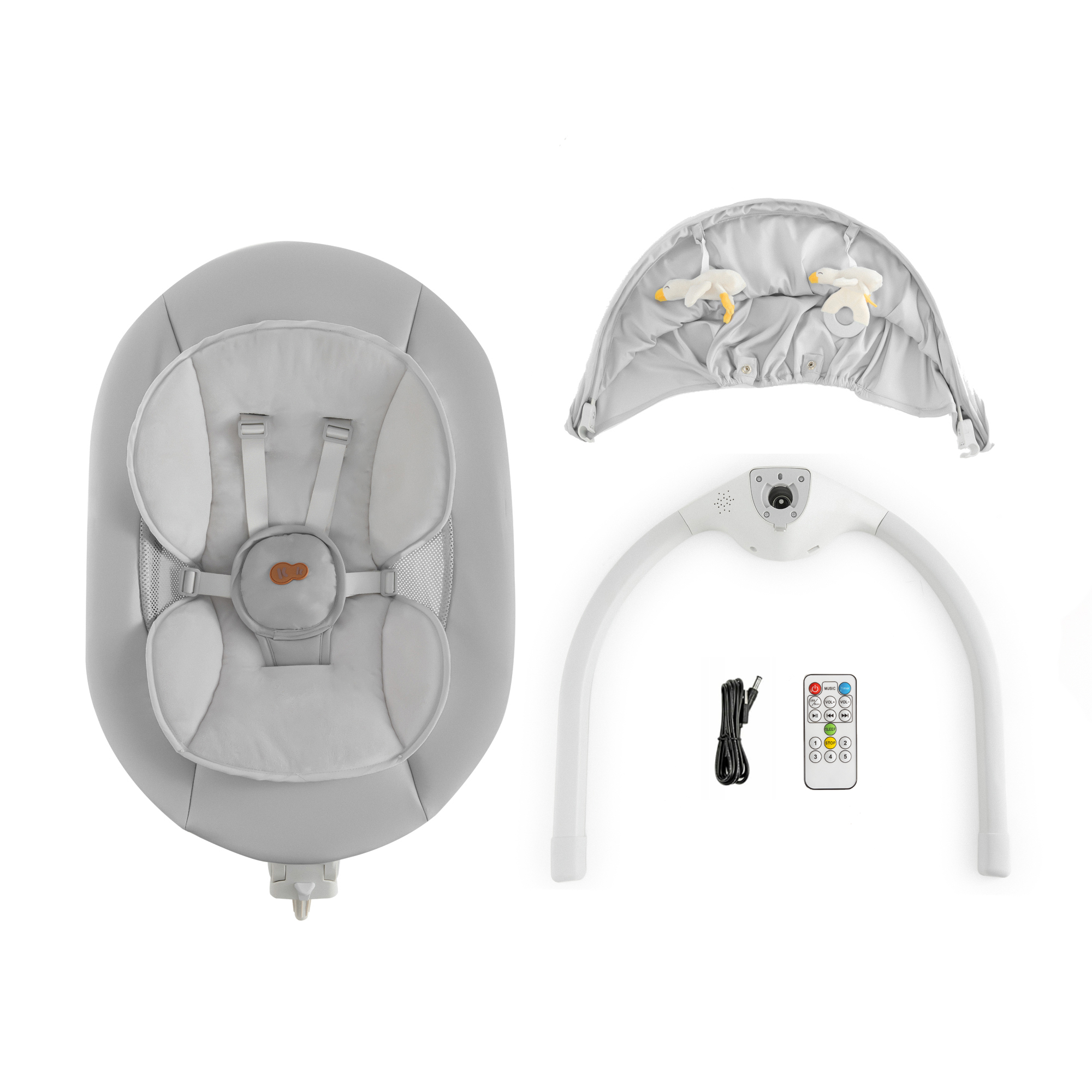 Grauer Baby-Schaukelsitz, Verdeck mit Spielzeug, Rahmen, Fernbedienung und Kabel.
