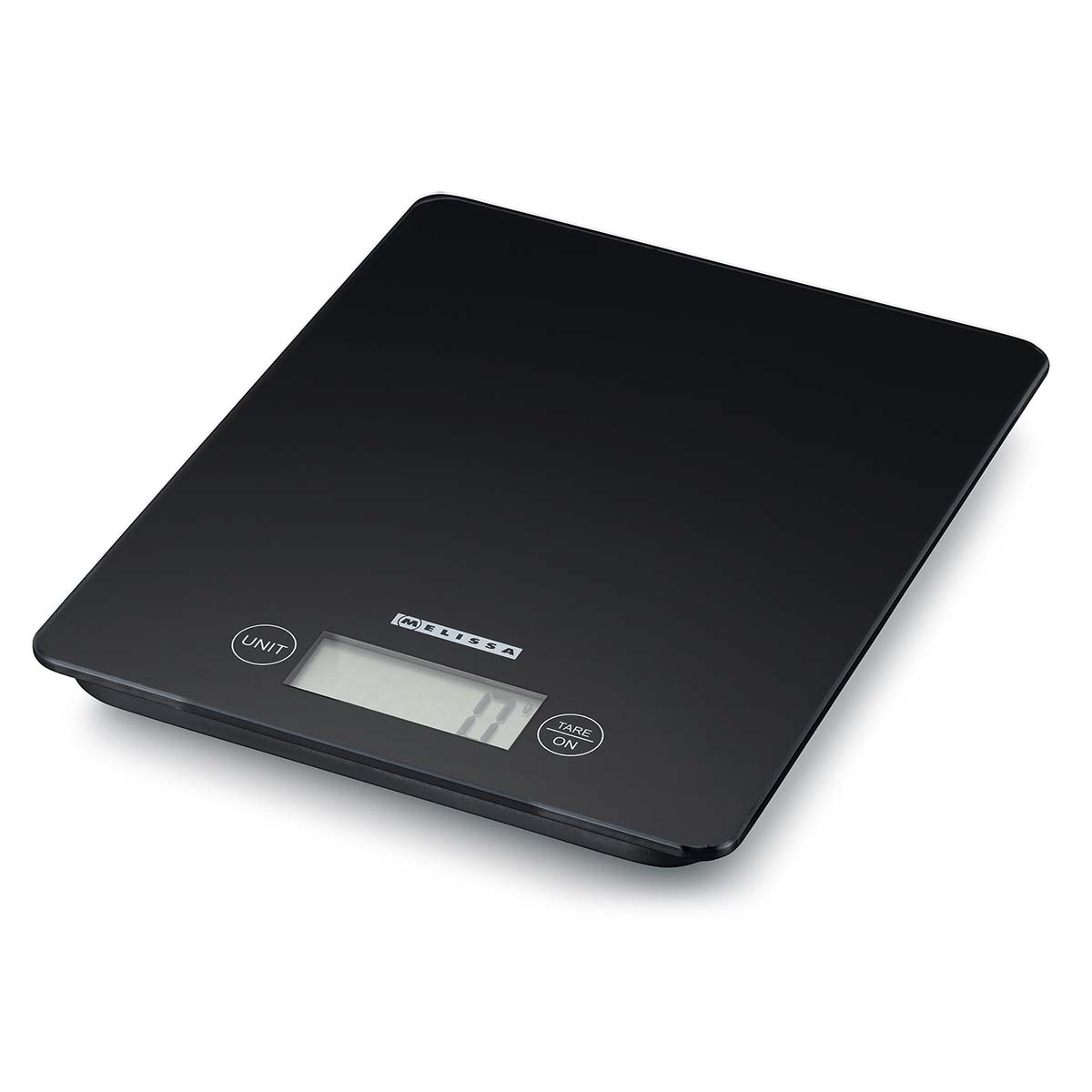 Schwarze digitale Küchenwaage mit LCD-Display und Tasten für Einheit und Tara.