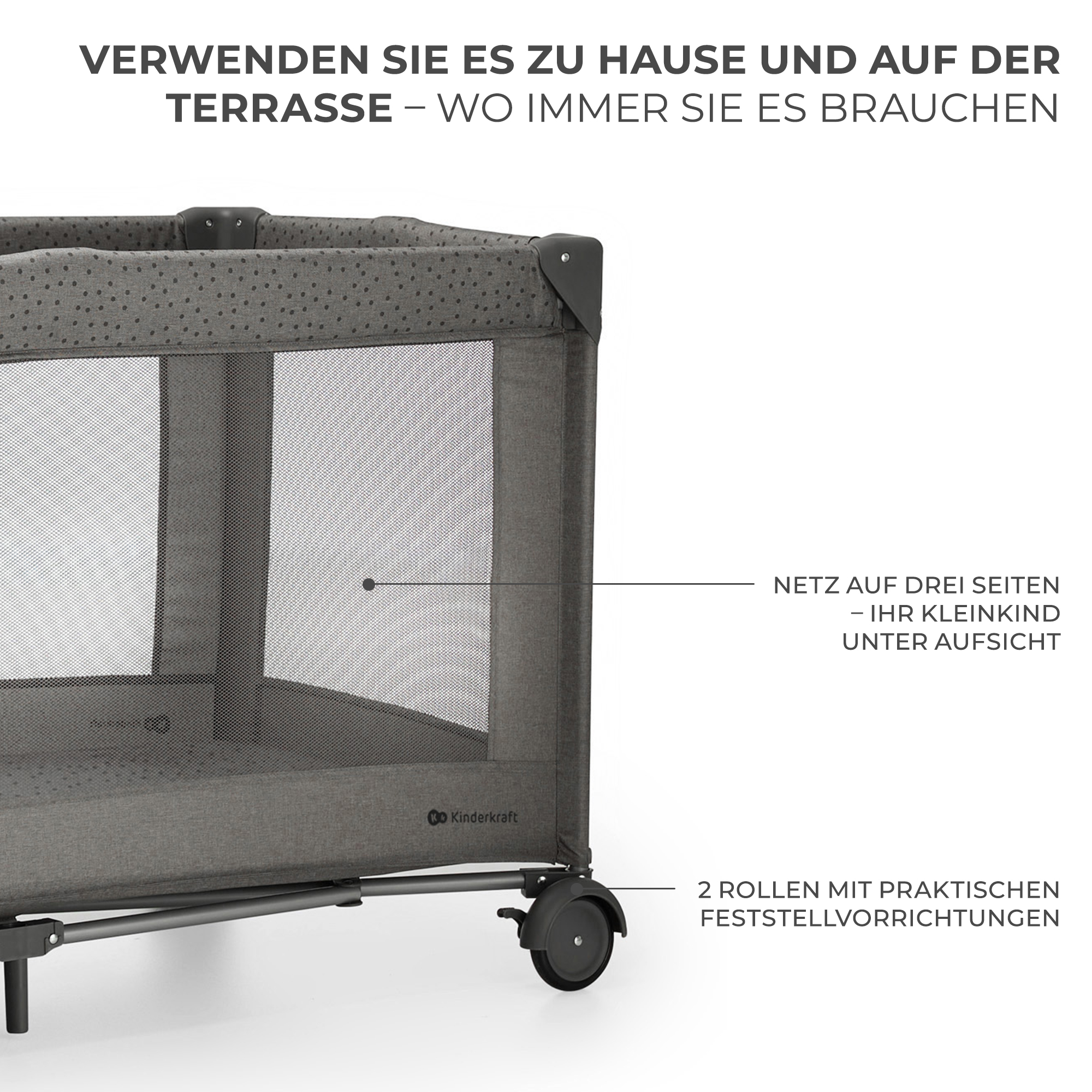 Grauer Kinderreisebett mit Netzseiten und Rollen.