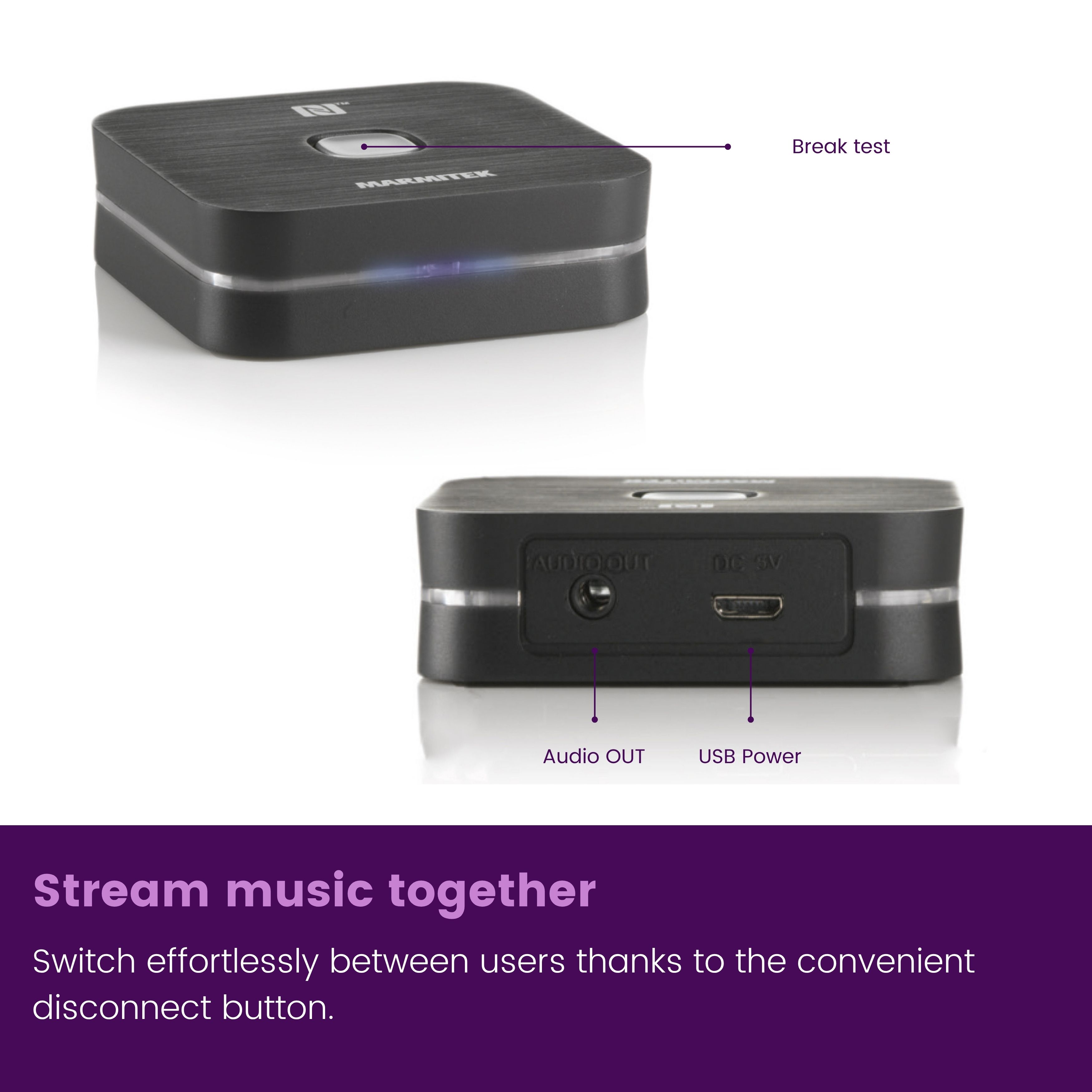 Un dispositivo Marmitek nero con porte Audio Out e USB Power.