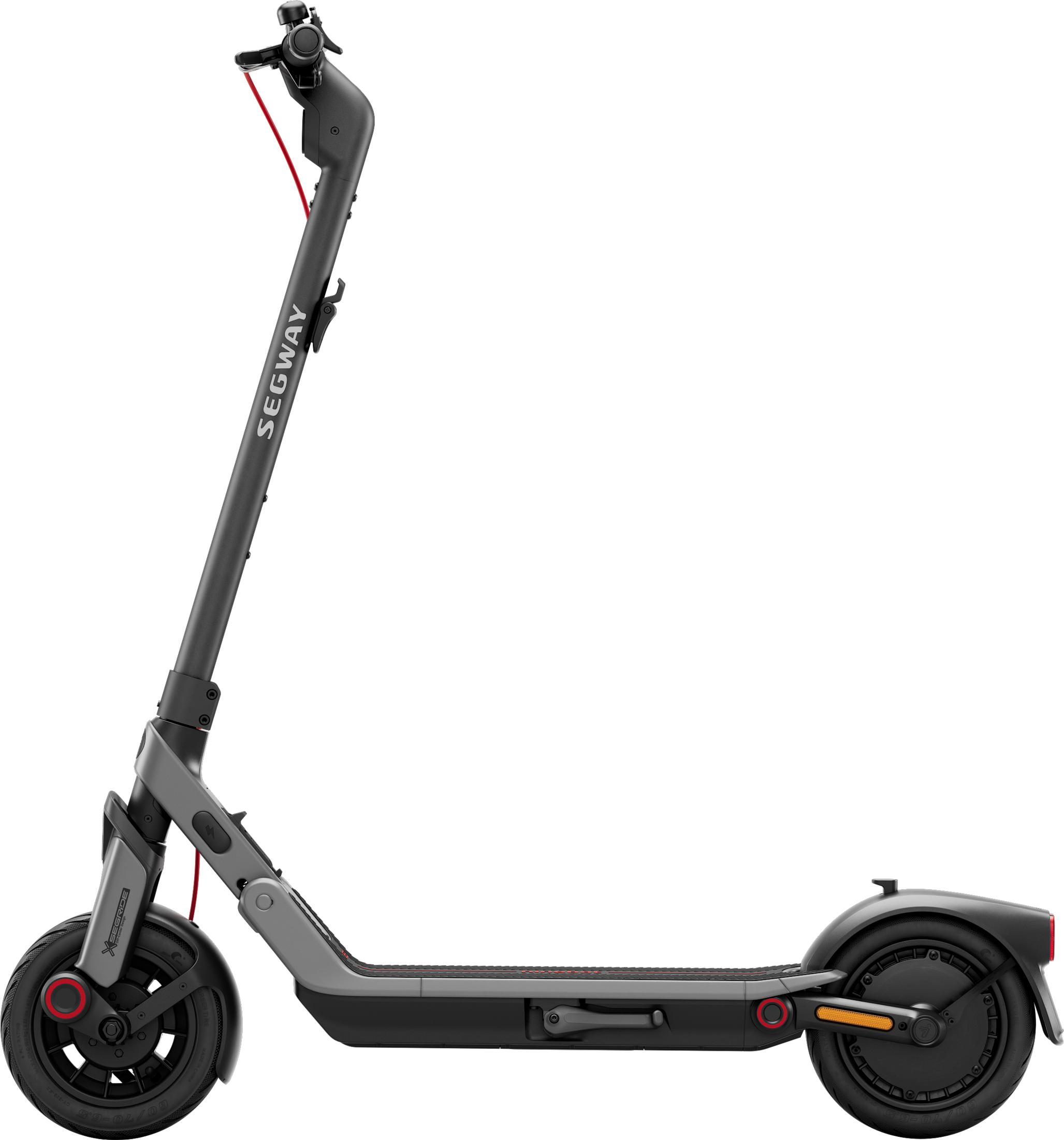 Monopattino elettrico grigio con accenti rossi, visto di lato.