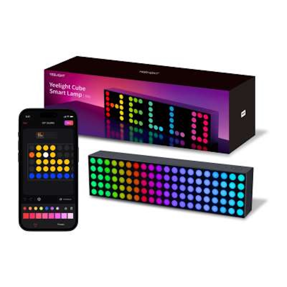 Smartfon, pudełko Yeelight i podświetlany wyświetlacz LED ze słowem HELLO.