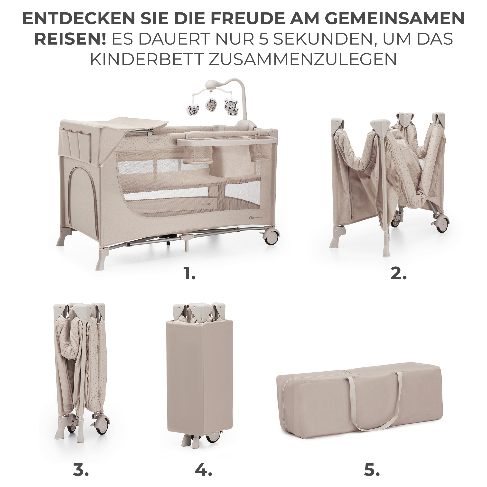 Ein hellbraunes Kinderbett wird in 5 Schritten gezeigt, von aufgebaut bis verpackt.