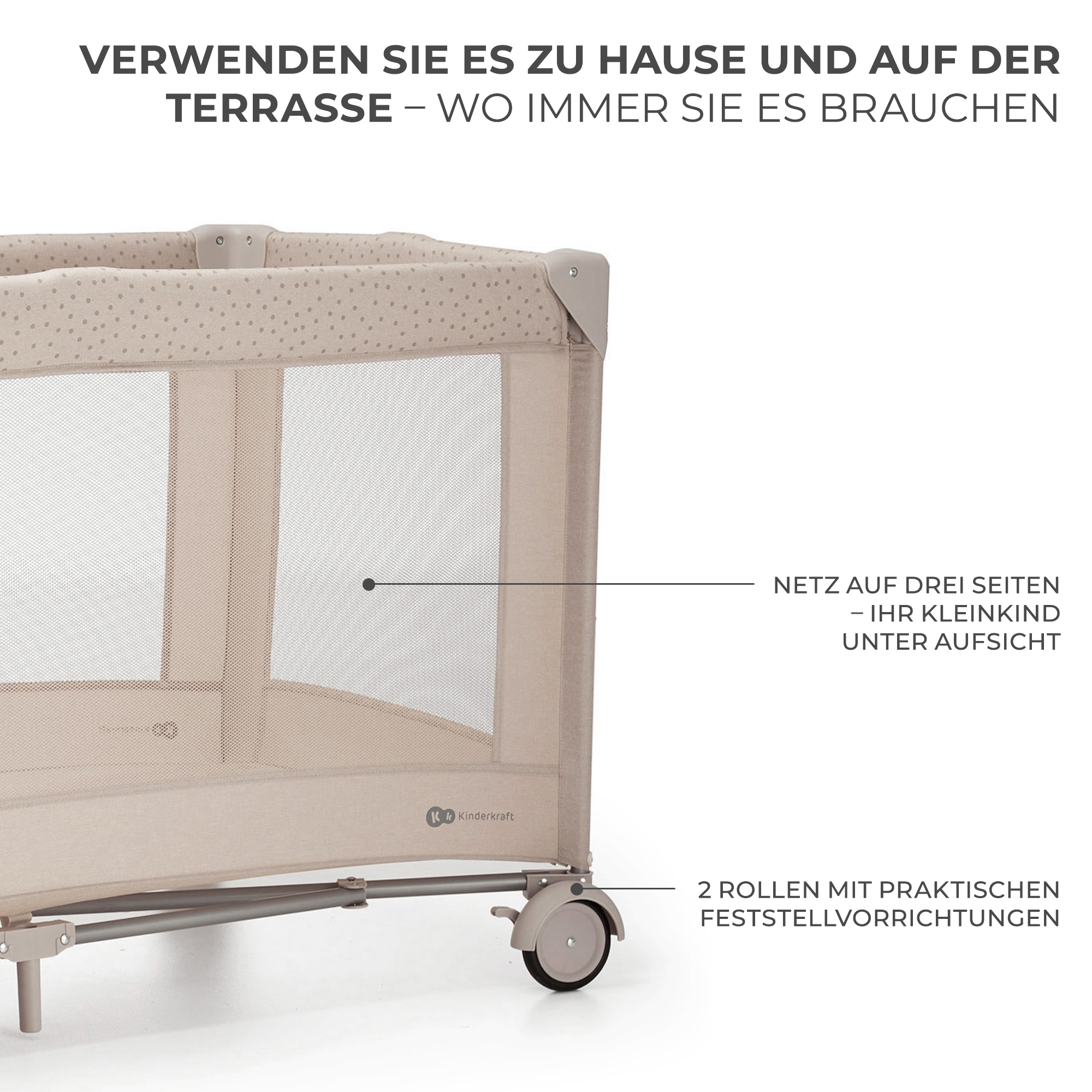 Ein beigefarbener Laufstall mit Netzseiten und Rädern.