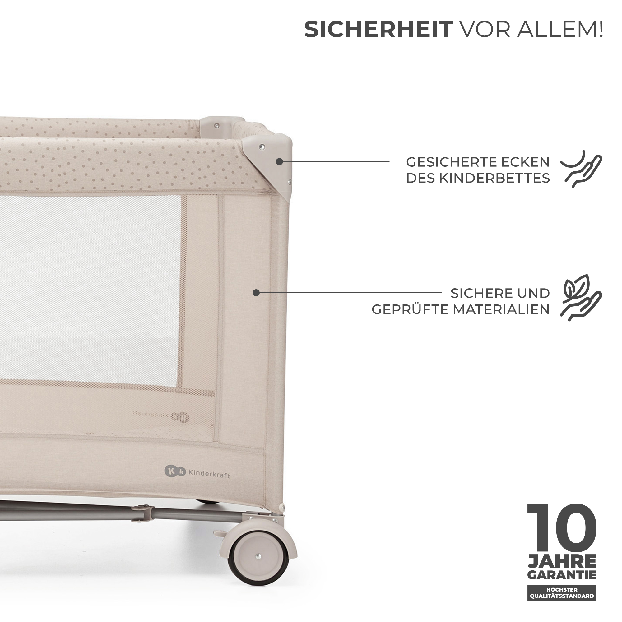 Beige Kinderbett mit Netzseiten, gesicherten Ecken und 10 Jahre Garantie.