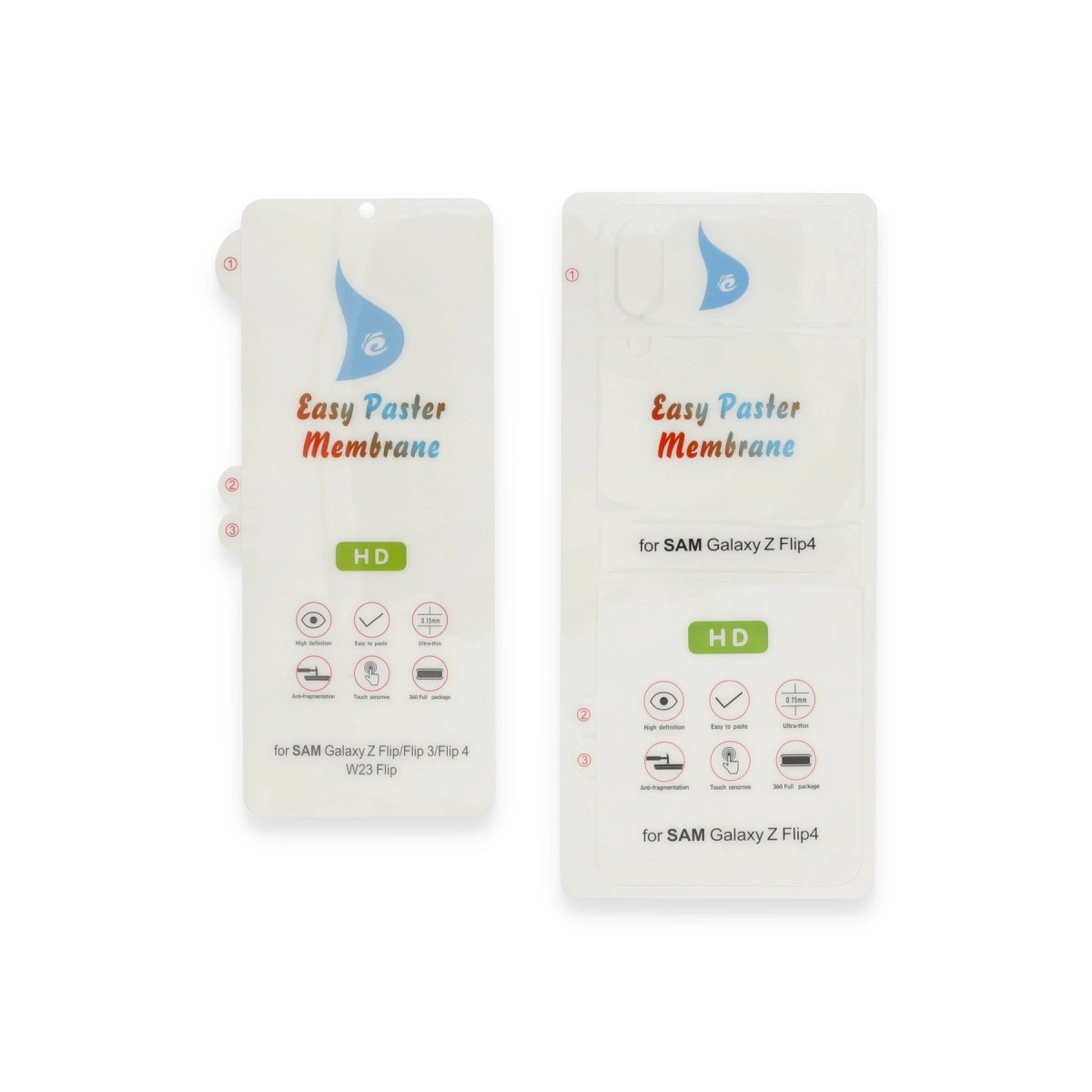 'Easy Paster Membrane' logolu iki telefon ekran koruyucu paket.