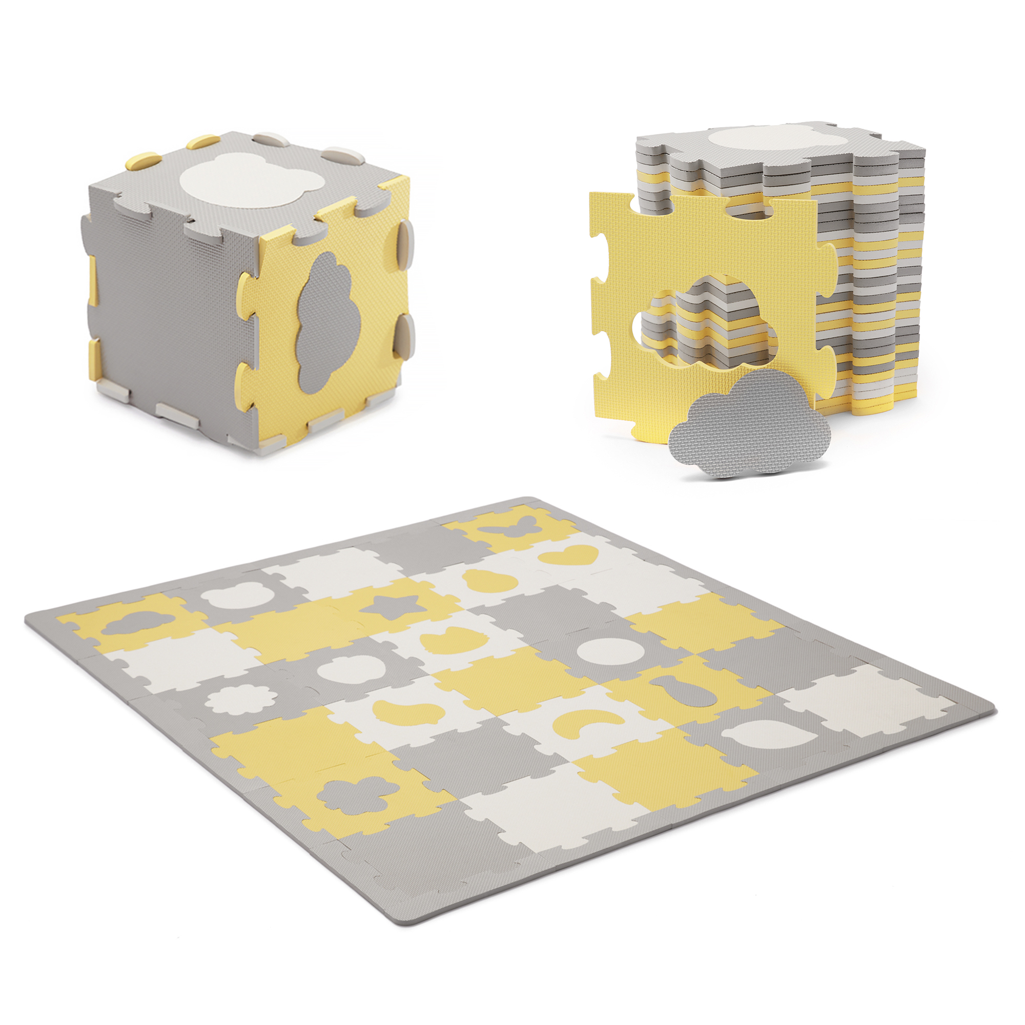 Graue und gelbe Puzzlematten, als Würfel, Stapel und ausgebreitete Fläche.