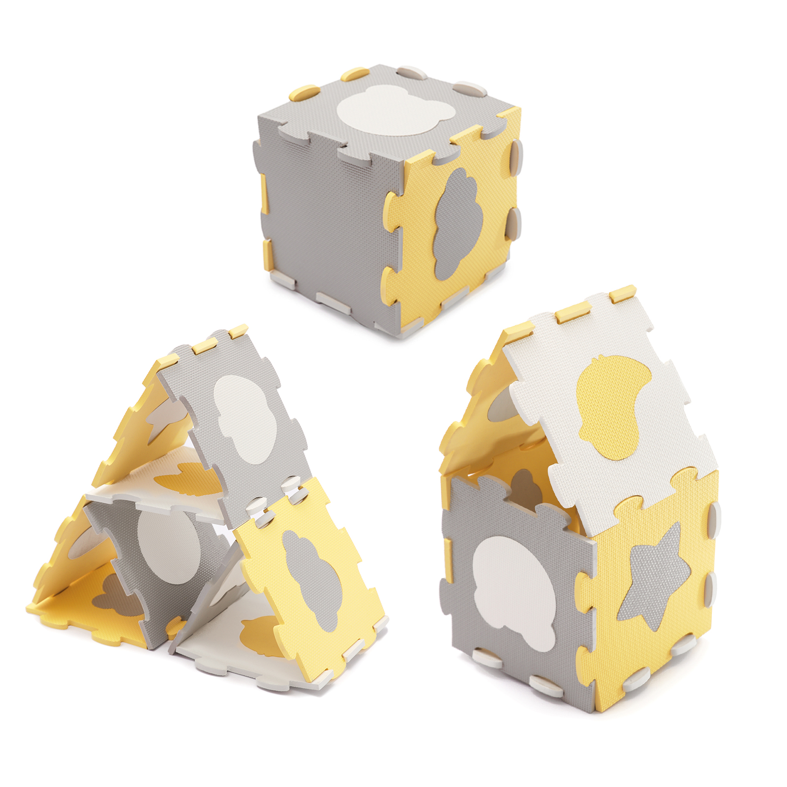 Graue und gelbe Schaumstoff-Puzzle-Bausteine in verschiedenen Konfigurationen.