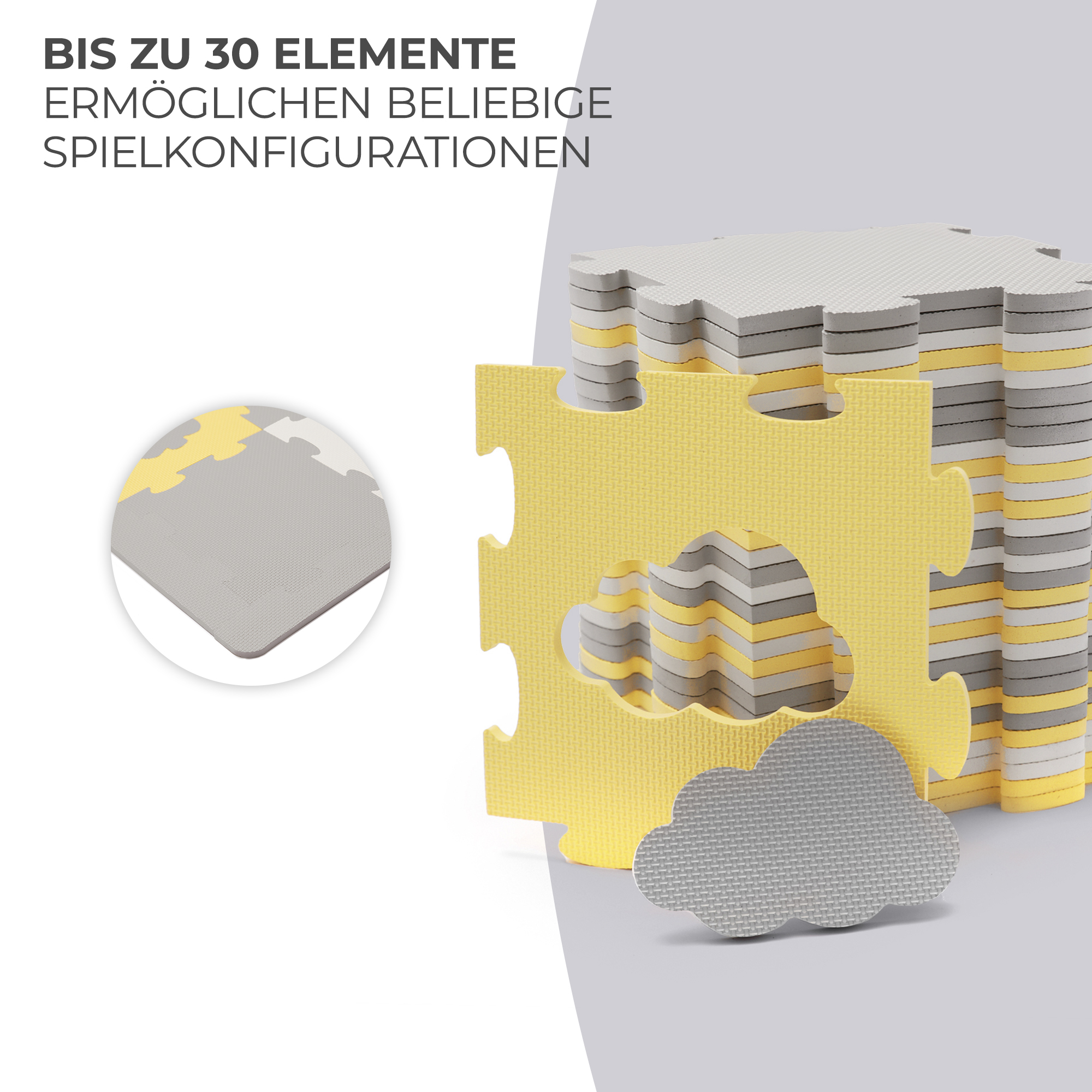 Stapel von gelben und grauen Puzzlematten mit Wolkenmuster und Text.