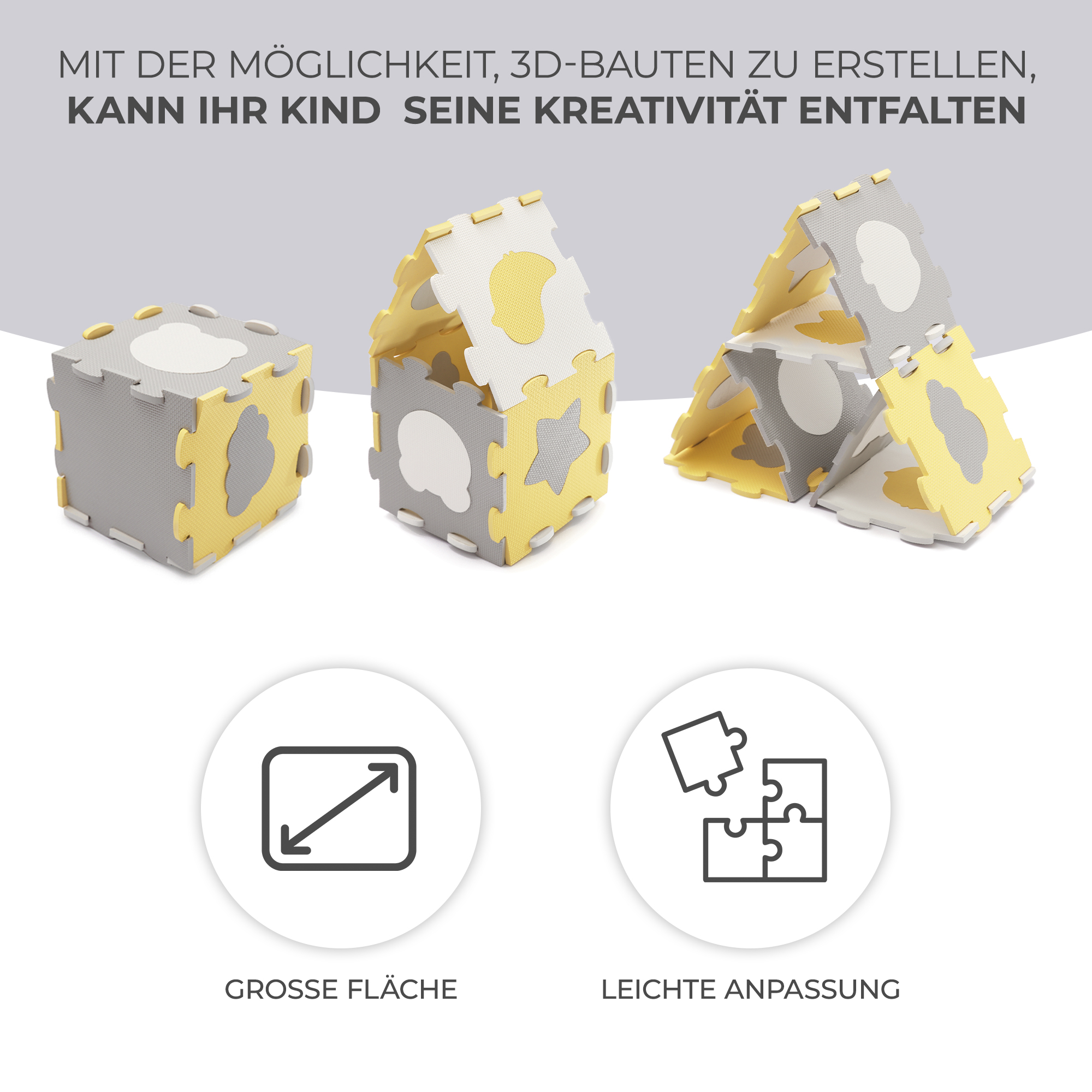 Graue und gelbe Schaumstoff-Bausteine, die zu 3D-Gebäuden zusammengesetzt sind.