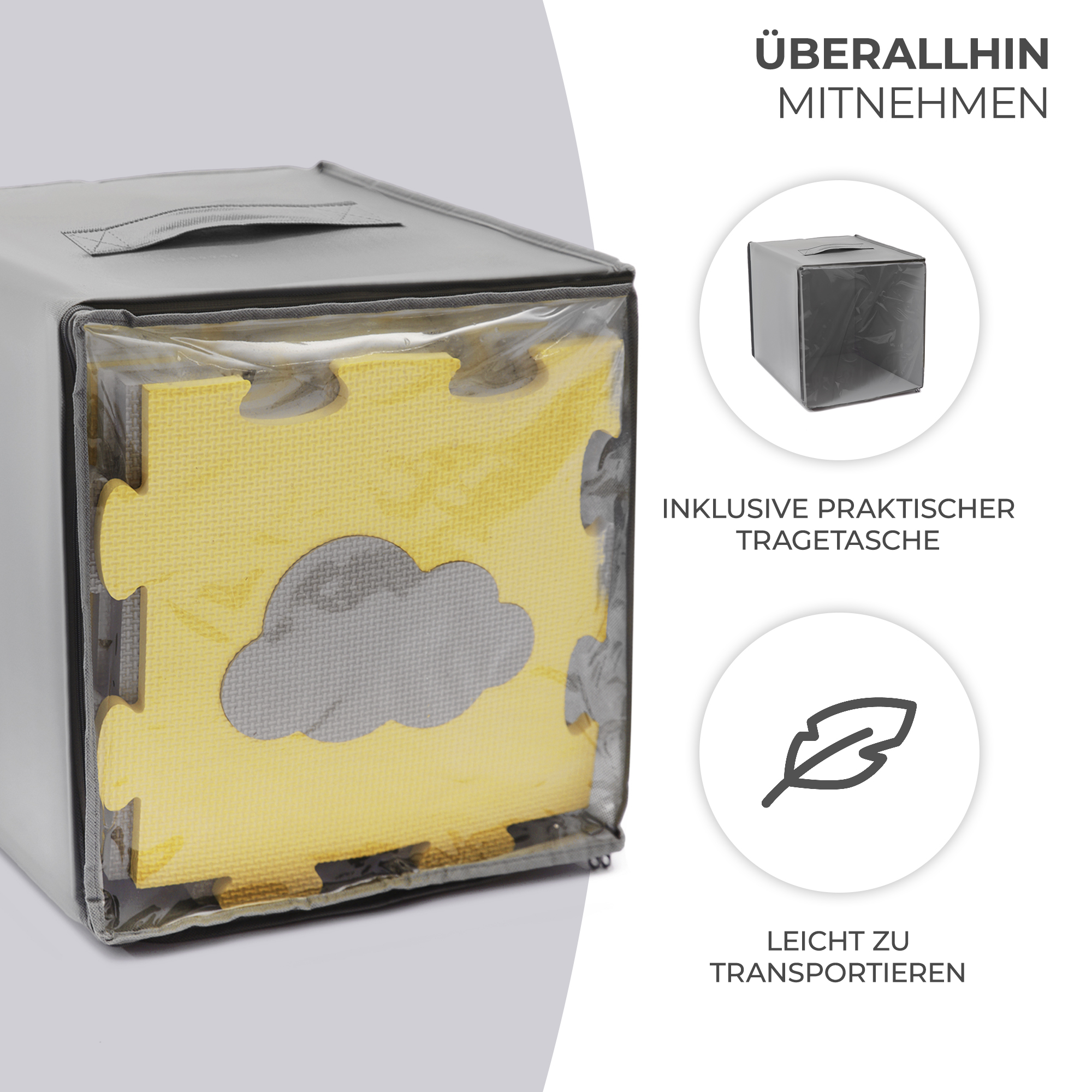 Graue Tasche mit gelben Puzzlematten und Wolkenmotiv.