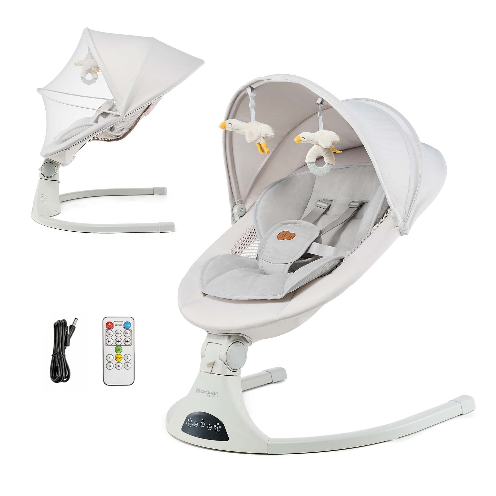 Ein weißer Babywippen mit Spielzeug, Fernbedienung und Kabel auf weißem Hintergrund.
