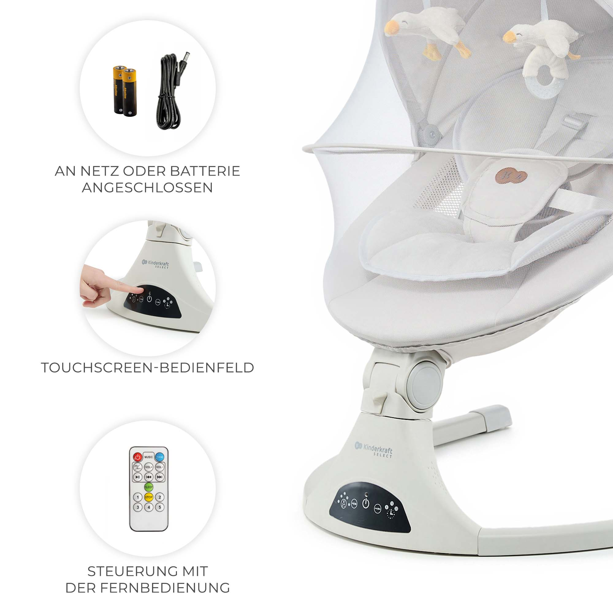 Babywippe mit Netzteil, Batterien, Fernbedienung und Touchscreen.