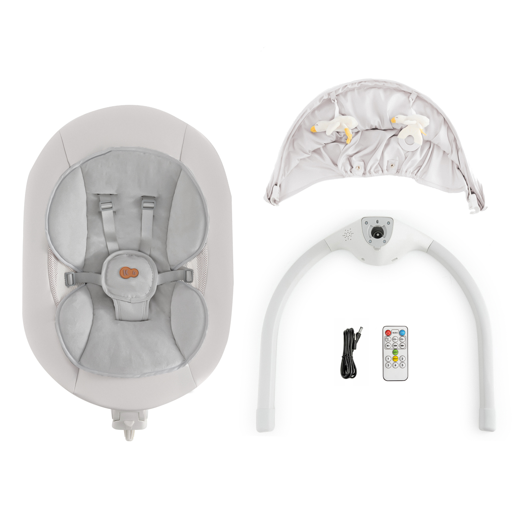 Ein Babywippen-Set mit Sitz, Baldachin, Gestell, Fernbedienung und Kabel.