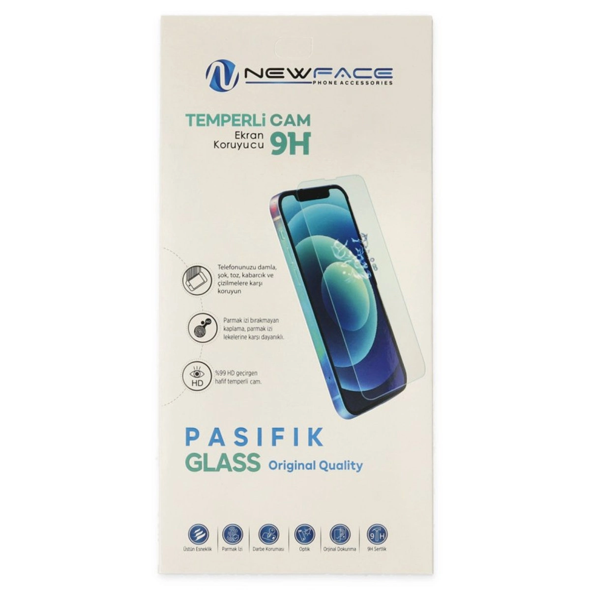 Akıllı telefon görseli olan temperli cam ekran koruyucu ambalajı.