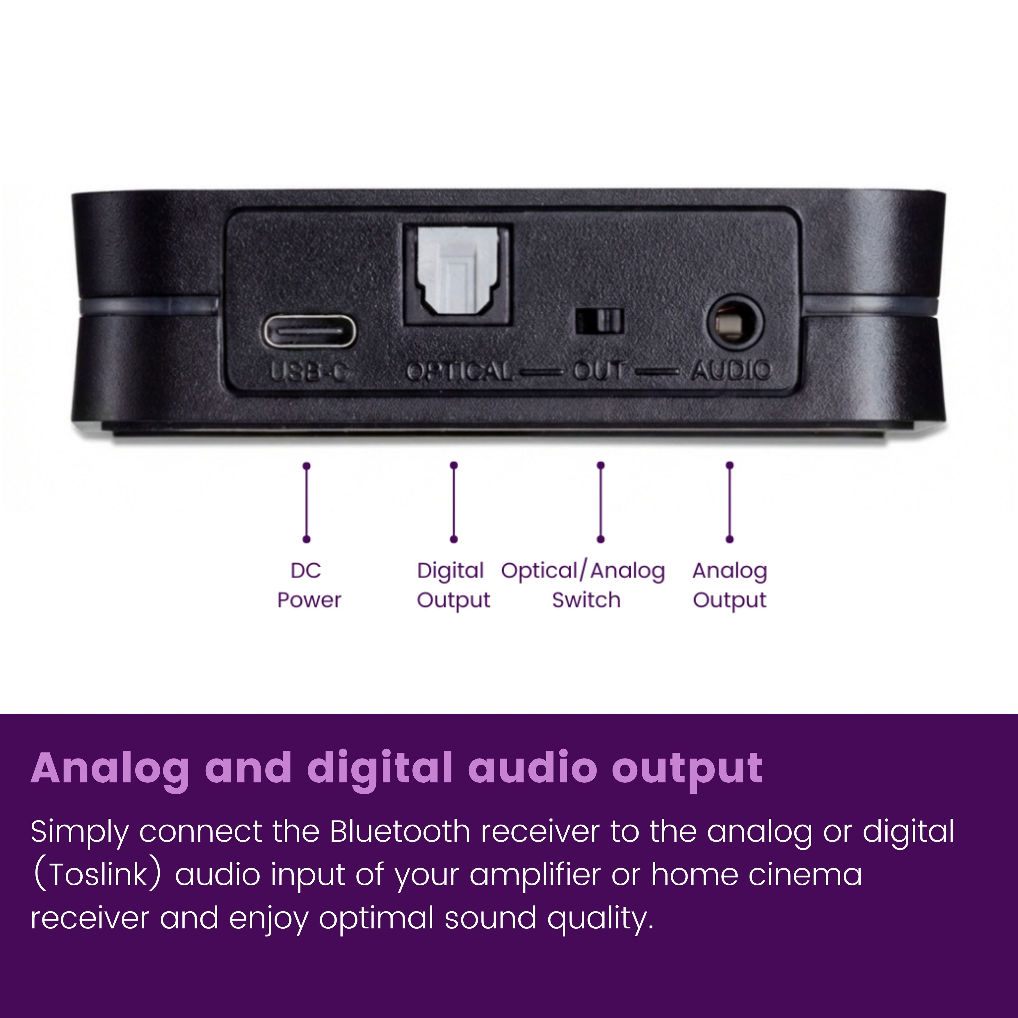 Arrière d'un récepteur audio noir montrant les ports USB-C, optique et audio.