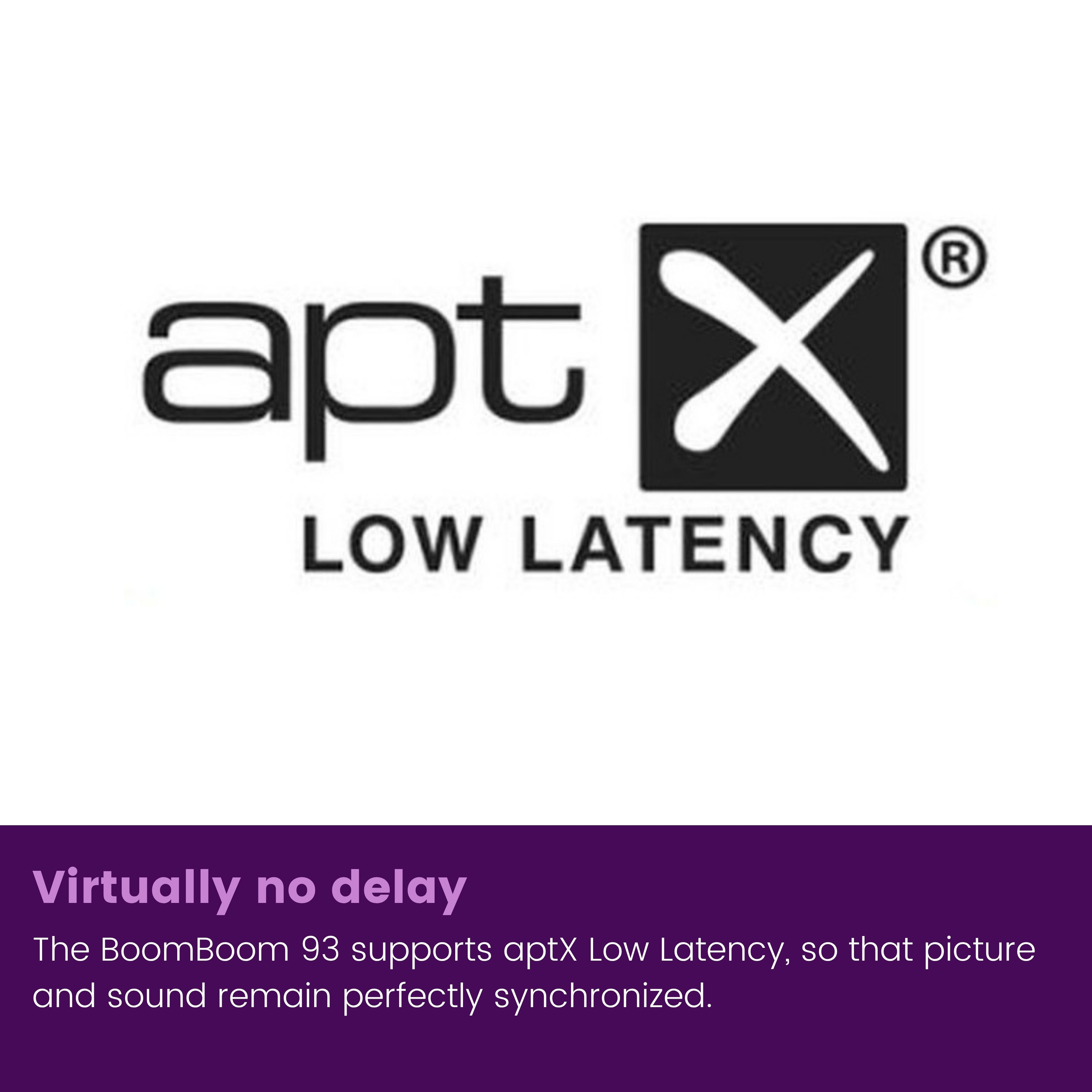 Logo et texte aptX Low Latency sur fond violet.